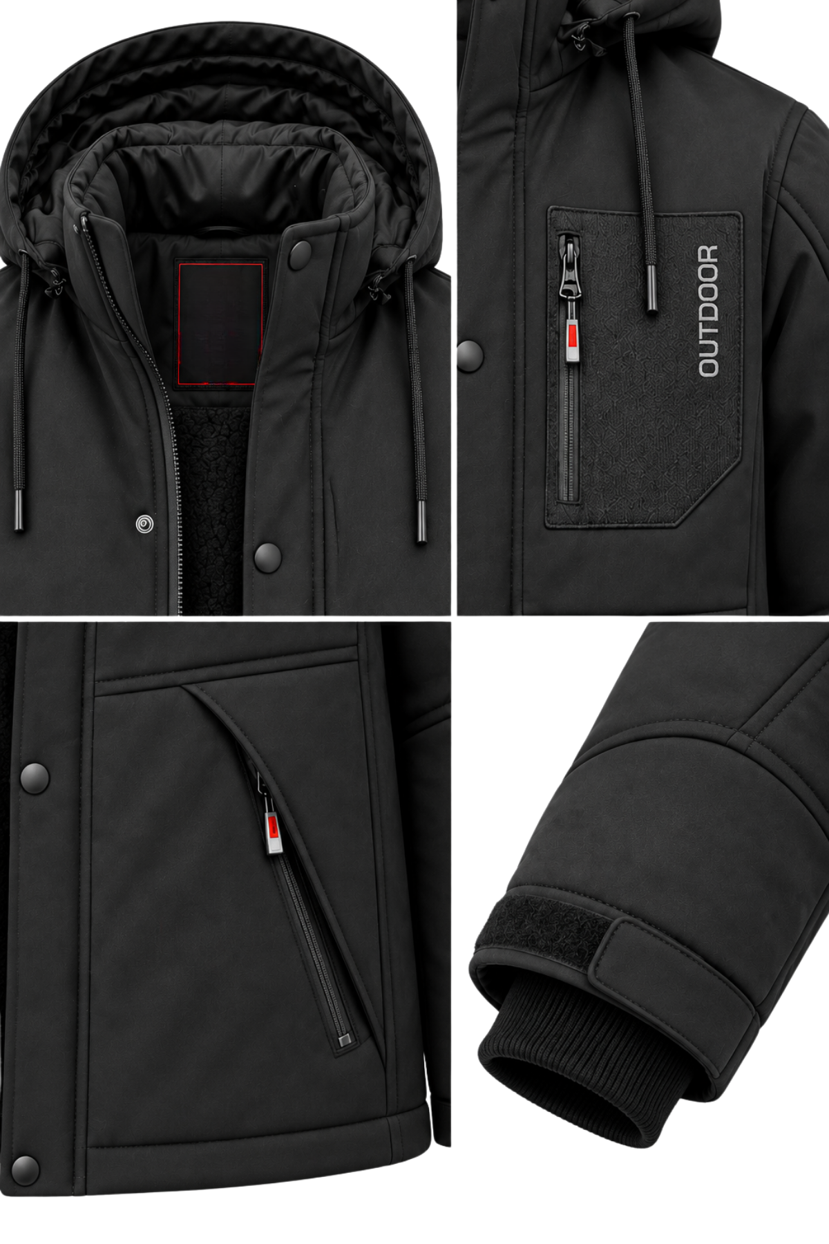 Erkek Siyah Kapüşonlu Kışlık Softshell Suya Dayanıklı Fermuarlı Cepli Outdoor Mont