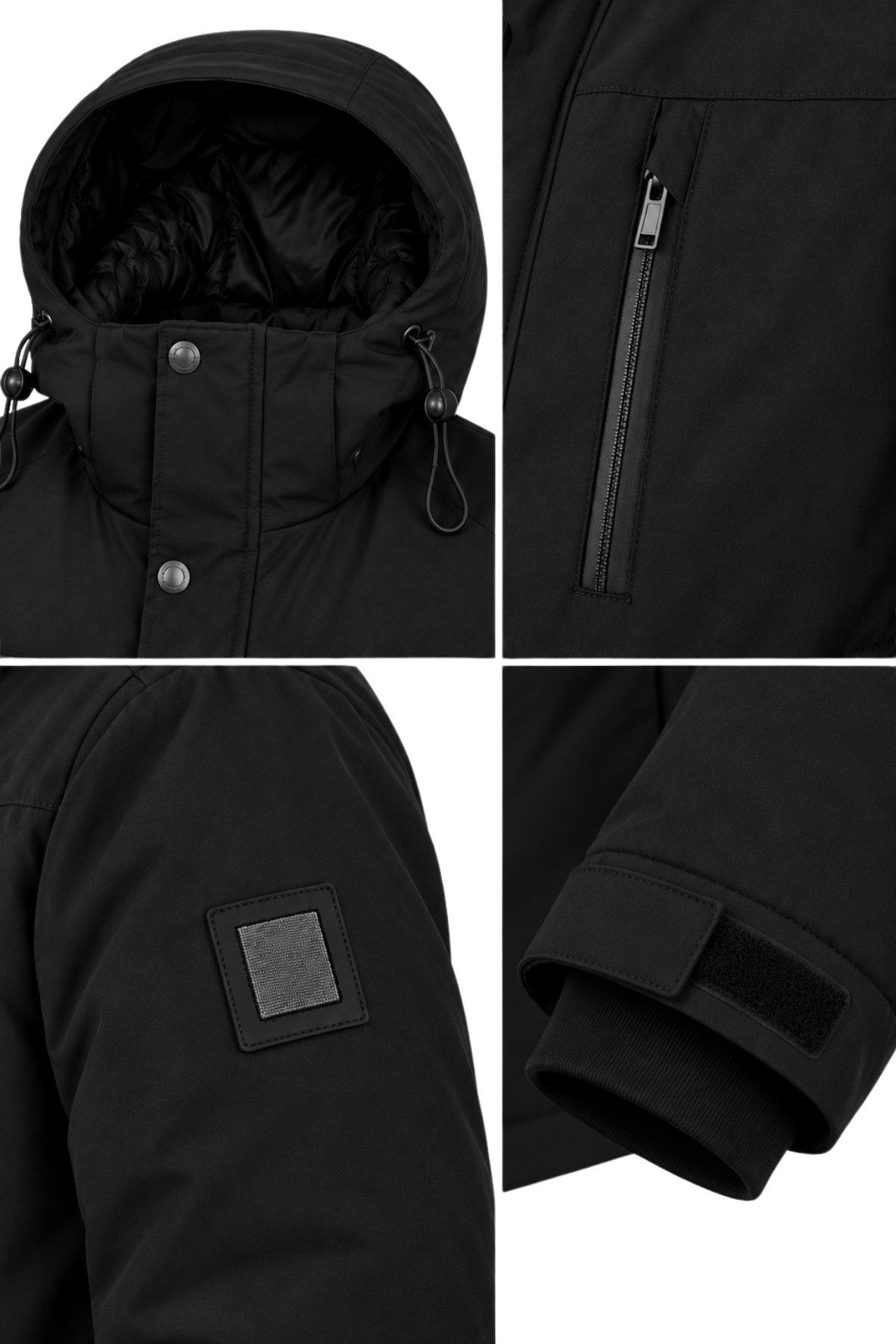 Erkek Siyah Kapüşonlu Kışlık Softshell Suya Dayanıklı Fermuarlı Cepli Outdoor Mont