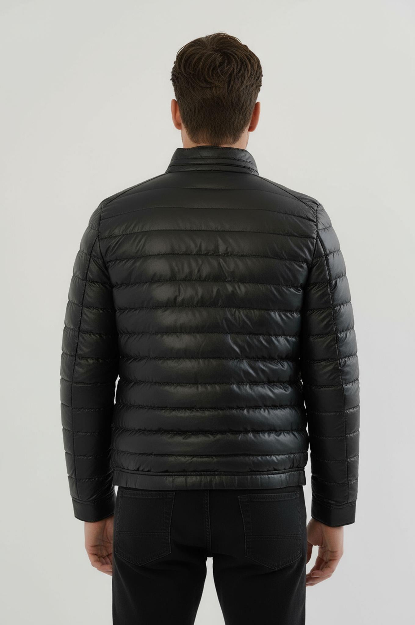 Erkek Siyah Slim Fit İçi Kalın Kürklü Su İtici Şişme Deri Ceket & Mont