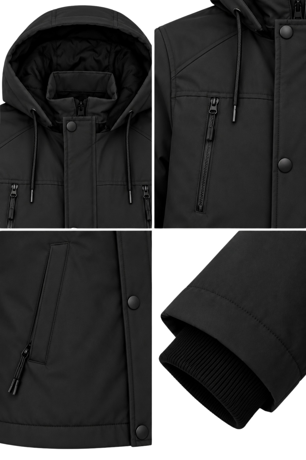 Erkek Siyah Softshell Mont Kapüşonlu Kışlık Suya Dayanıklı Fermuarlı Cepli Outdoor Mont