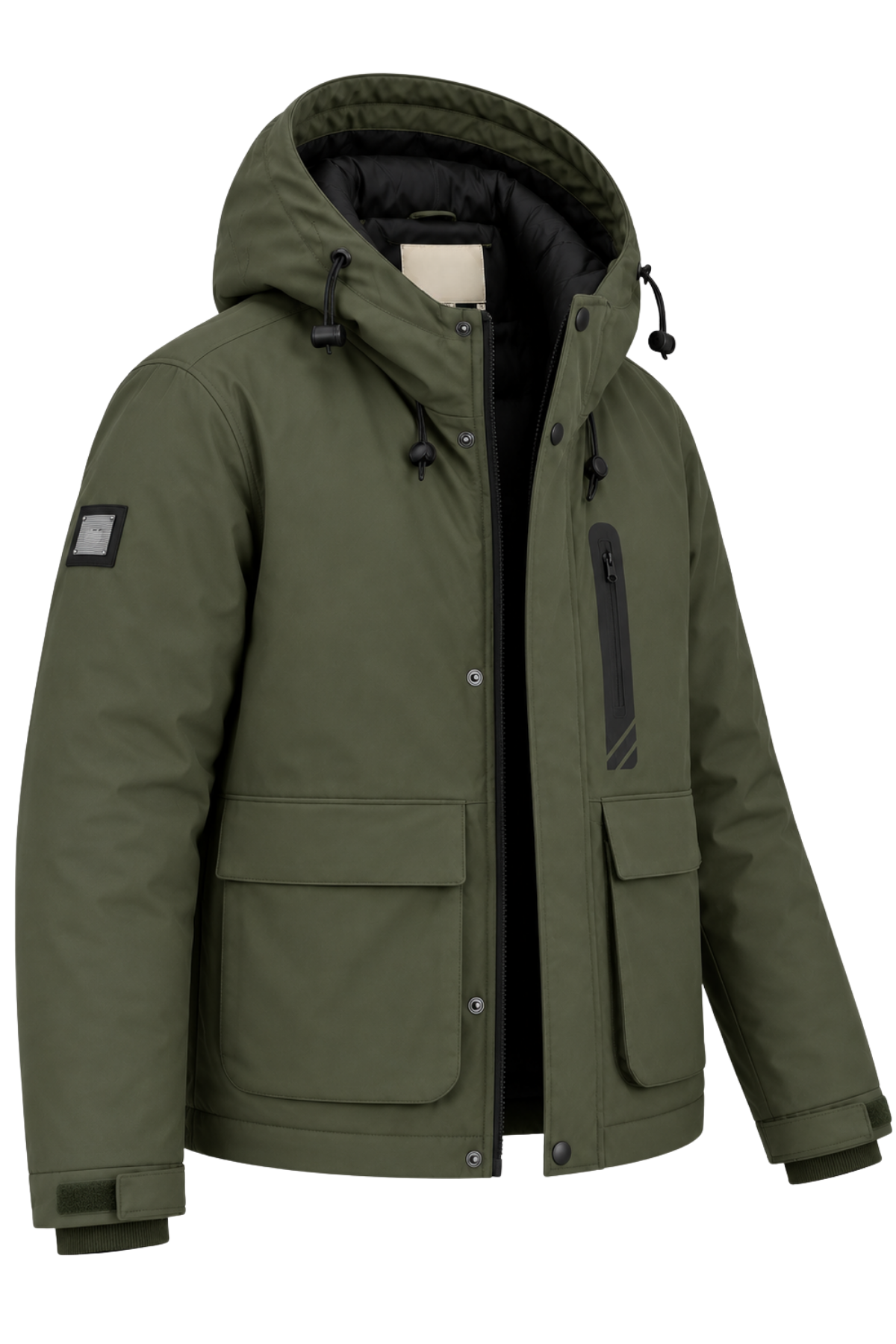 Erkek Yeşil Kışlık Mont Kapüşonlu Suya Dayanıklı Fermuarlı Çok Cepli Outdoor Mont&Kaban