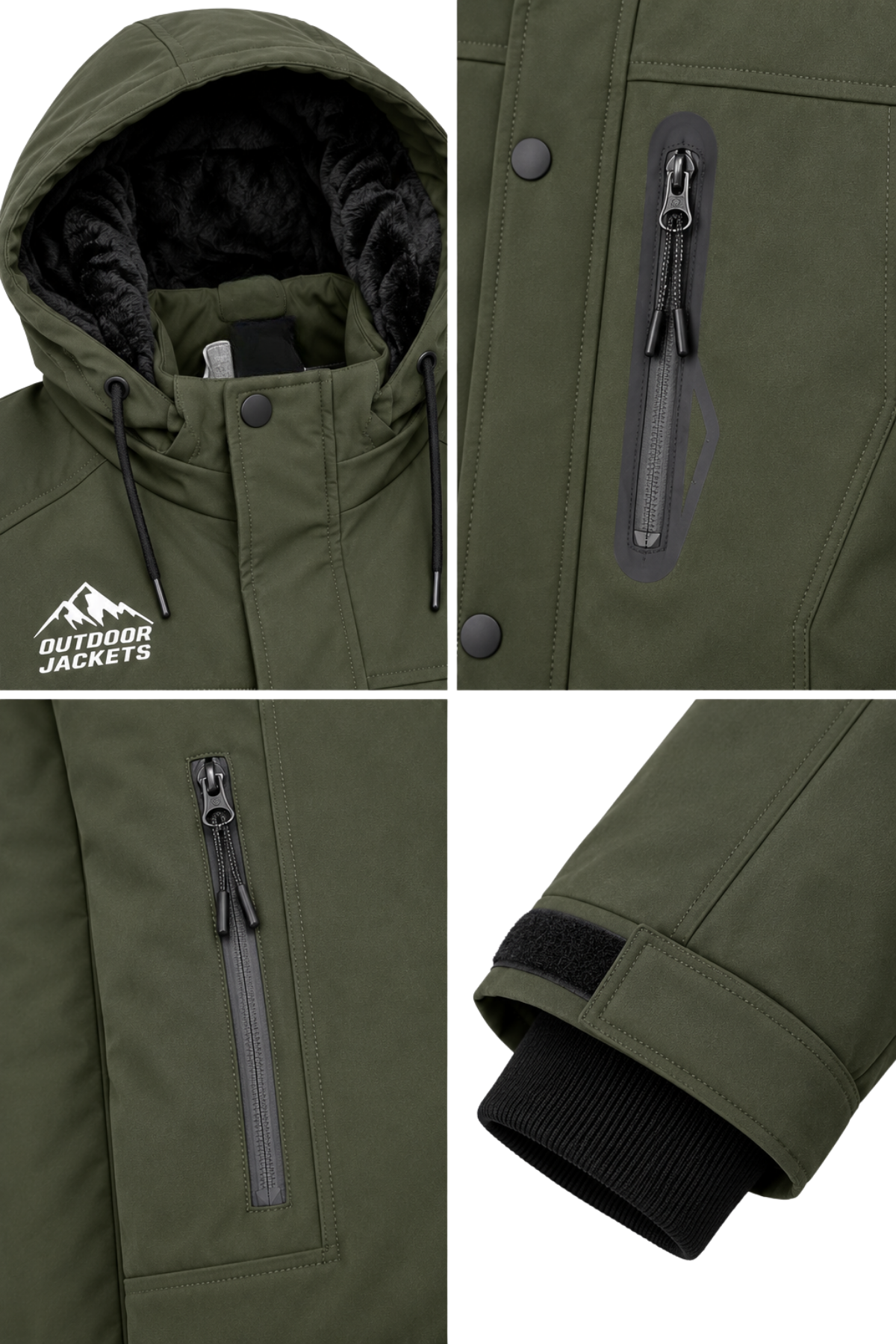 Erkek Yeşil Softshell Mont Kapüşonlu Kışlık Suya Dayanıklı Fermuarlı Cepli Outdoor Mont