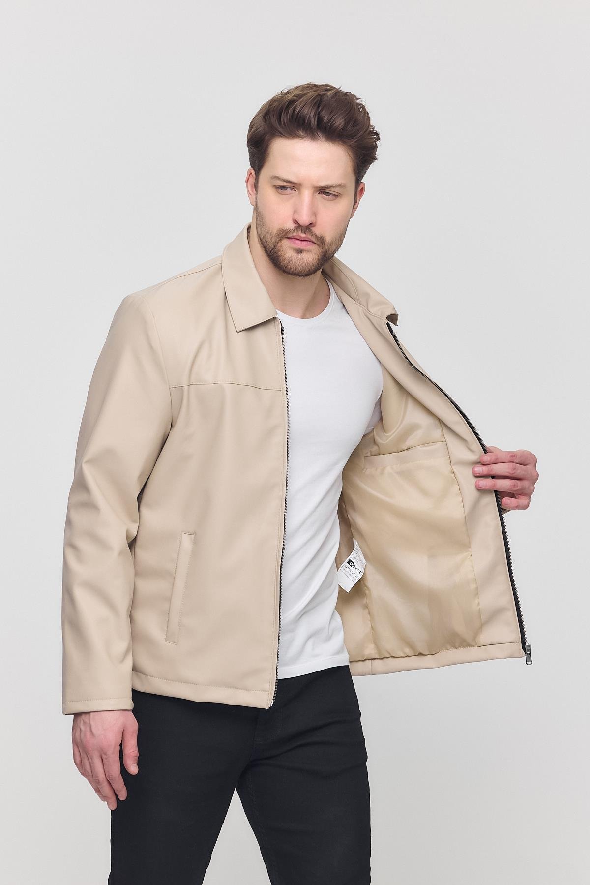 Krem Erkek Basic Suni Deri Yazlık Ceket&Mont