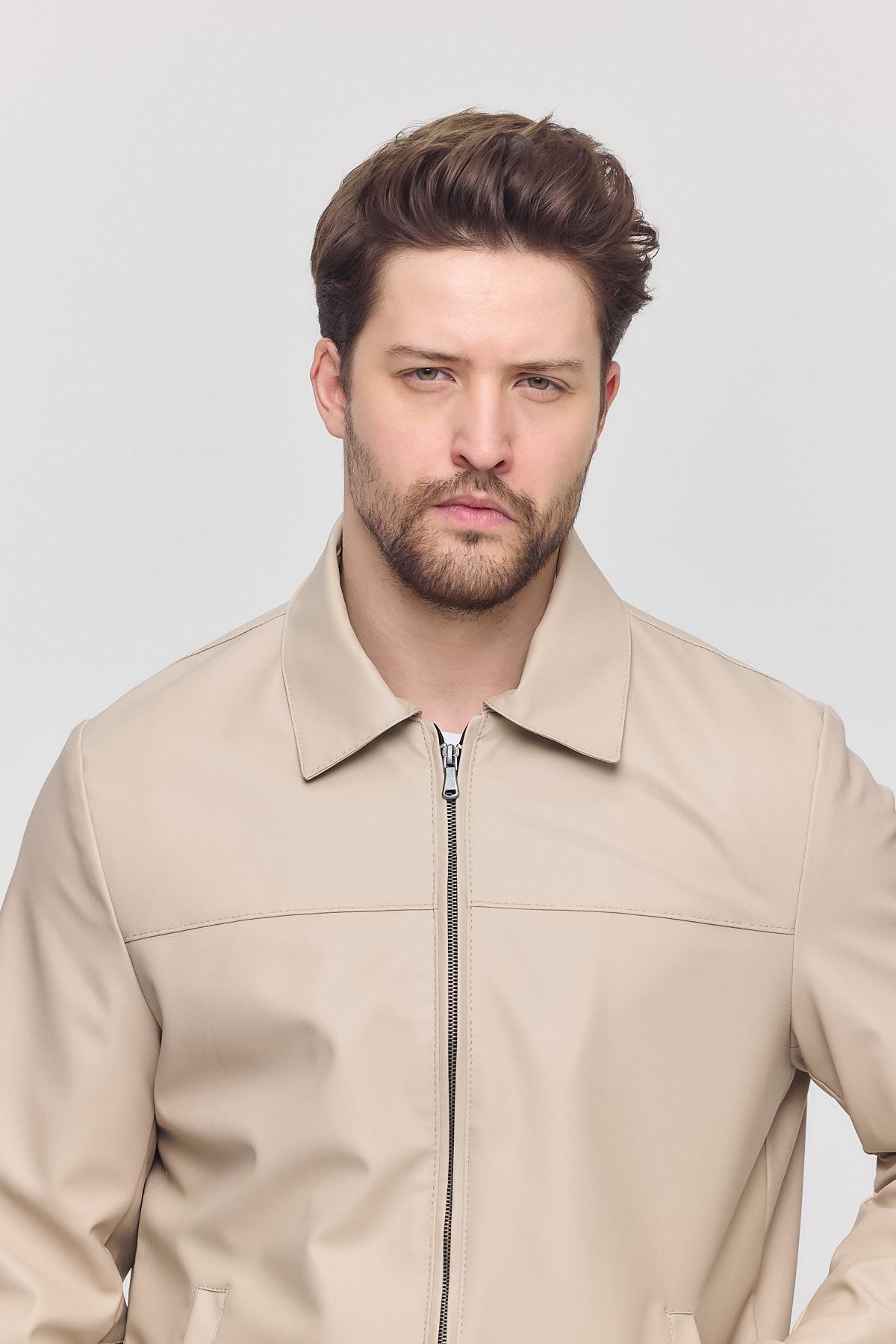 Krem Erkek Basic Suni Deri Yazlık Ceket&Mont