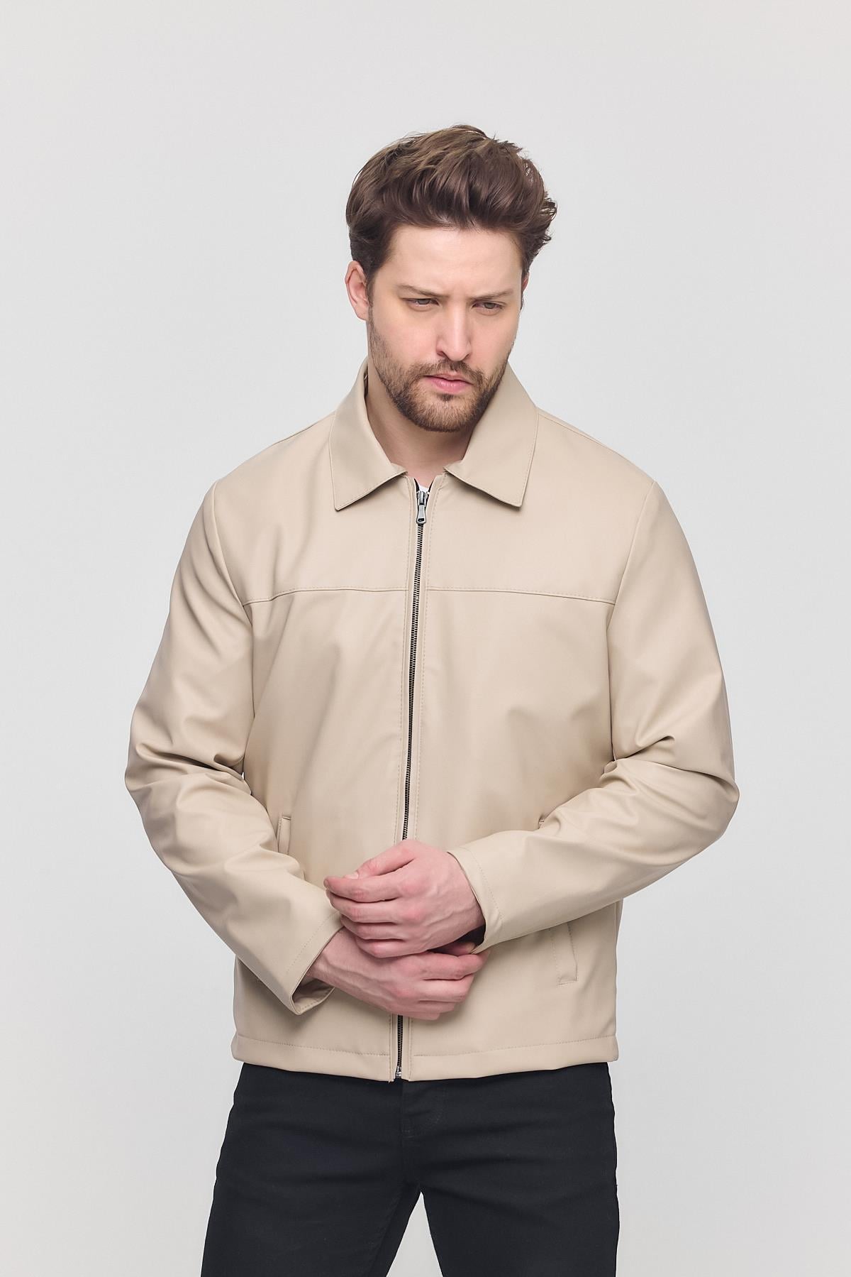 Krem Erkek Basic Suni Deri Yazlık Ceket&Mont