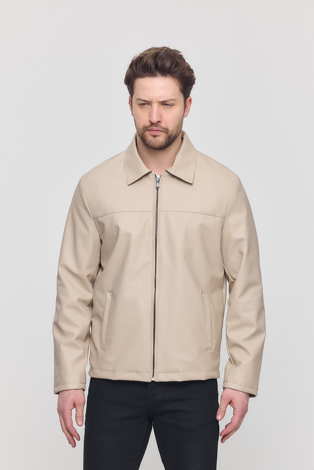 Krem Erkek Basic Suni Deri Yazlık Ceket&Mont