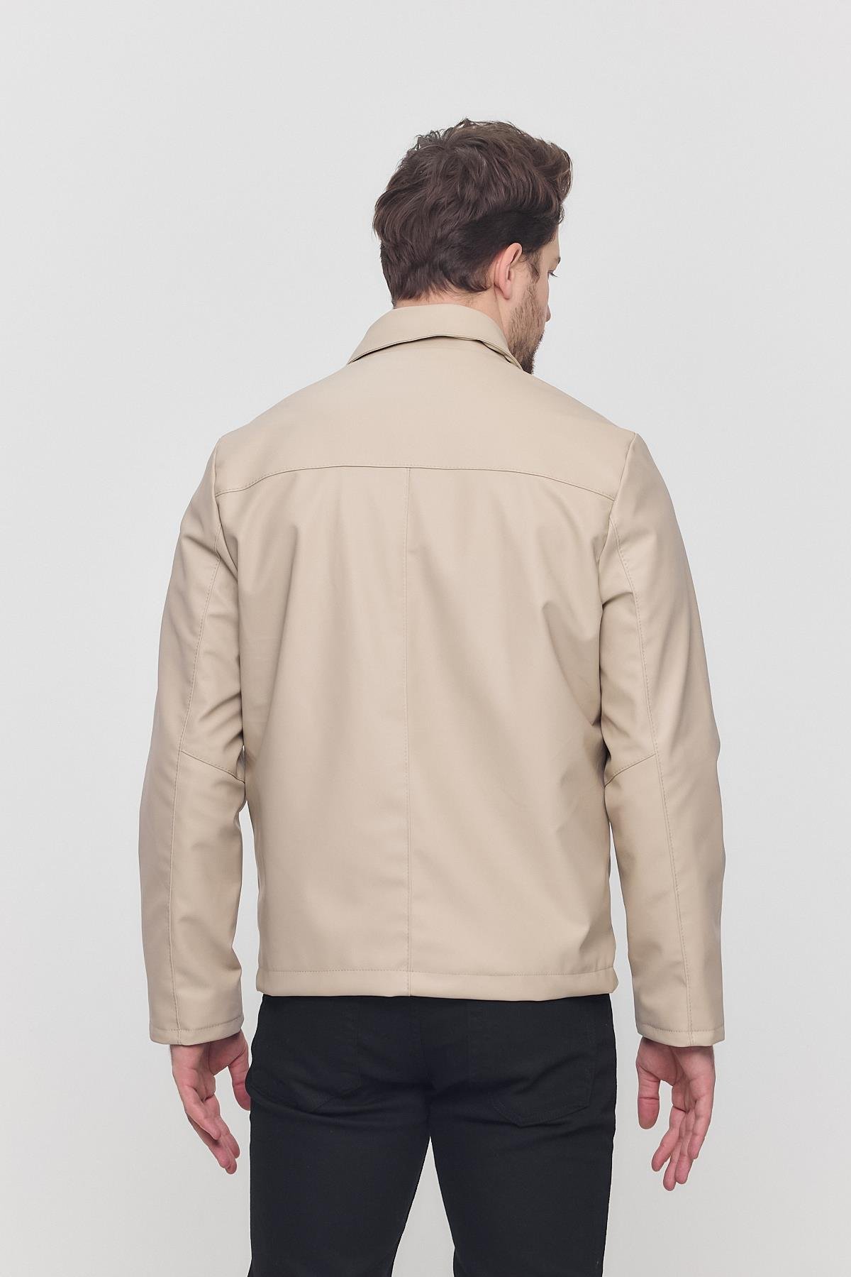 Krem Erkek Basic Suni Deri Yazlık Ceket&Mont