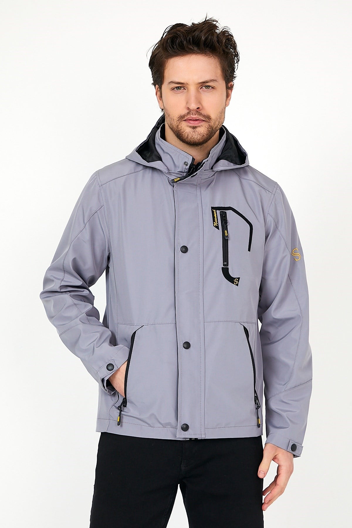 YENİ SEZON ERKEK GRİ SOFTSHELL KAPÜŞONLU İÇ CEPLİ SU VE RÜZGAR GEÇİRMEZ MEVSİMLİK&YAZLIK MONT
