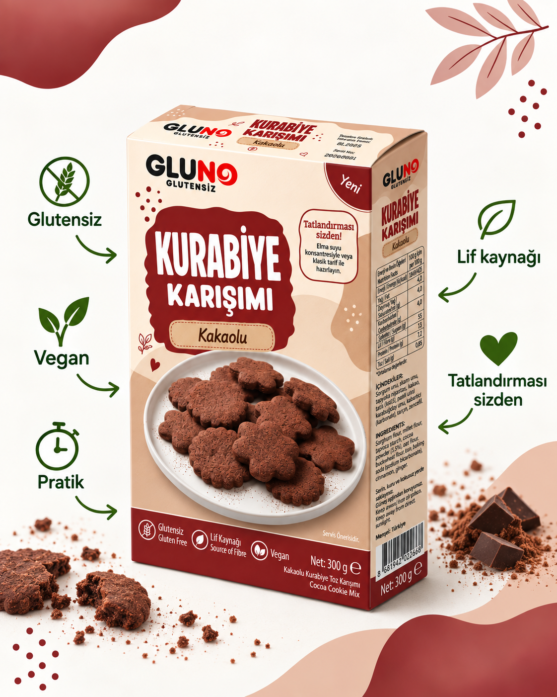 Gluno Glutensiz Kakaolu Kurabiye Karışımı 300 g