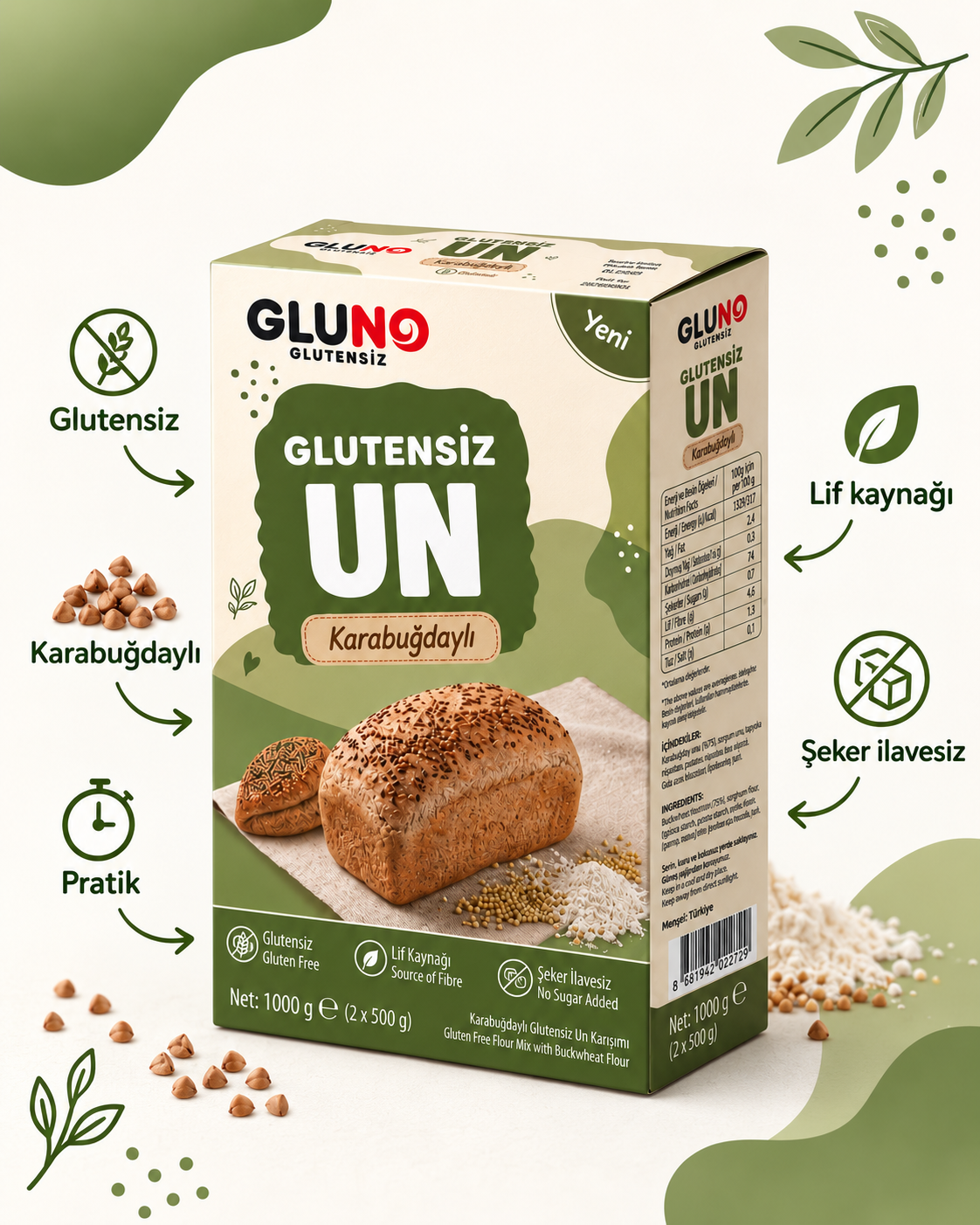 Gluno Glutensiz Karabuğdaylı Glutensiz Un 1000g