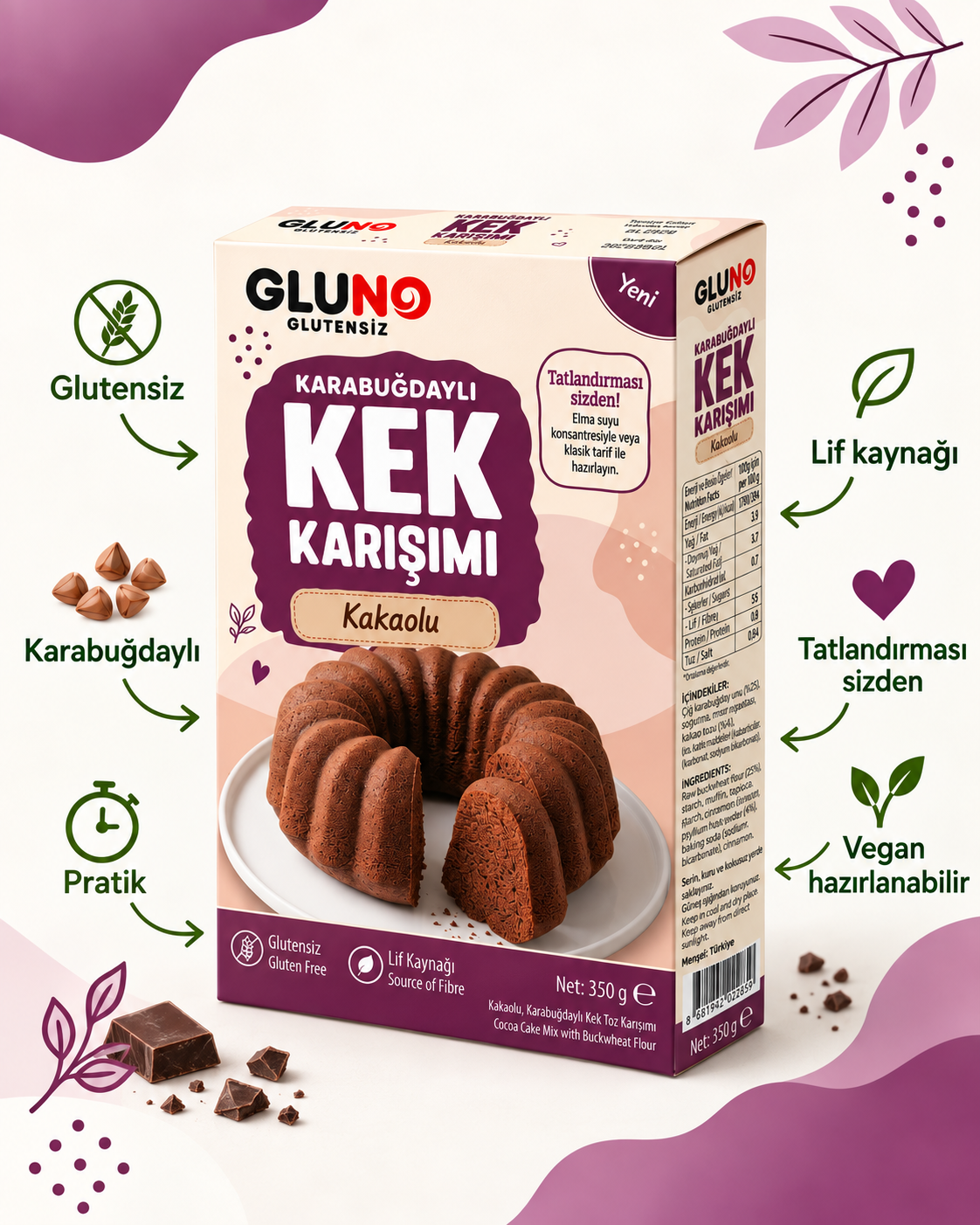 Gluno Glutensiz Karabuğdaylı Kakaolu Kek Karışımı 350g
