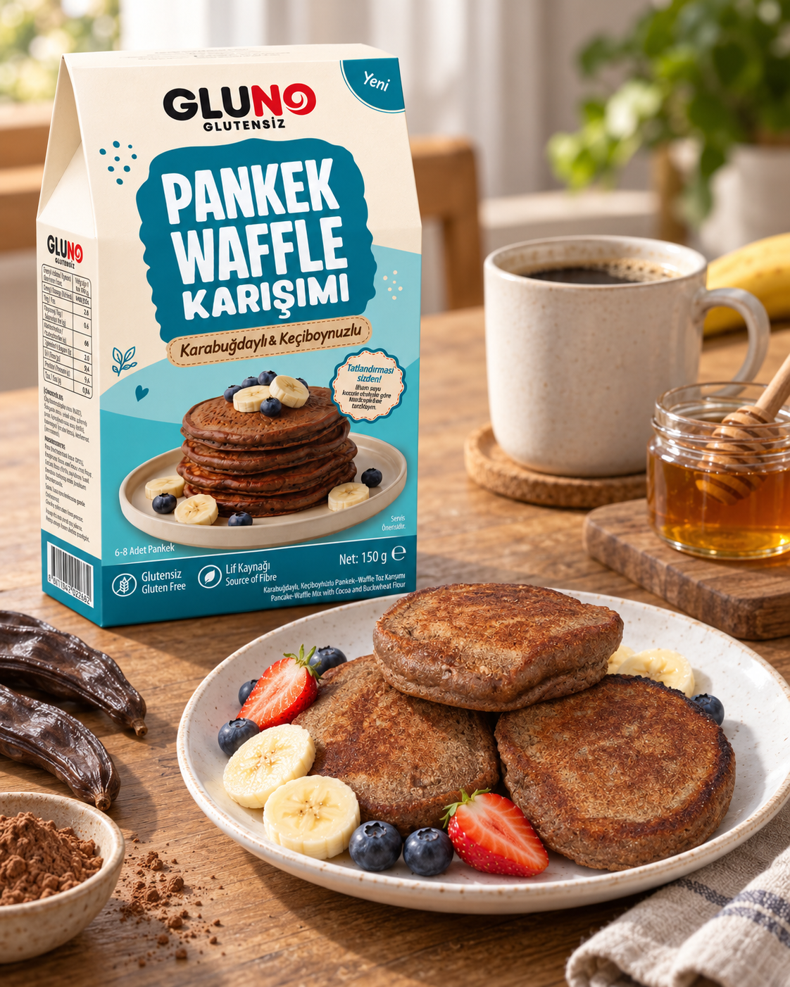 Gluno Glutensiz Karabuğdaylı Keçiboynuzlu Pankek-WaffleKarışımı 150g