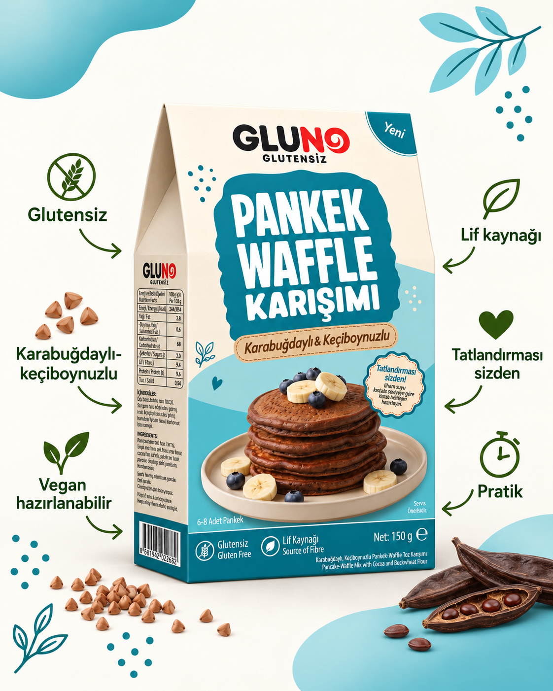 Gluno Glutensiz Karabuğdaylı Keçiboynuzlu Pankek-WaffleKarışımı 150g
