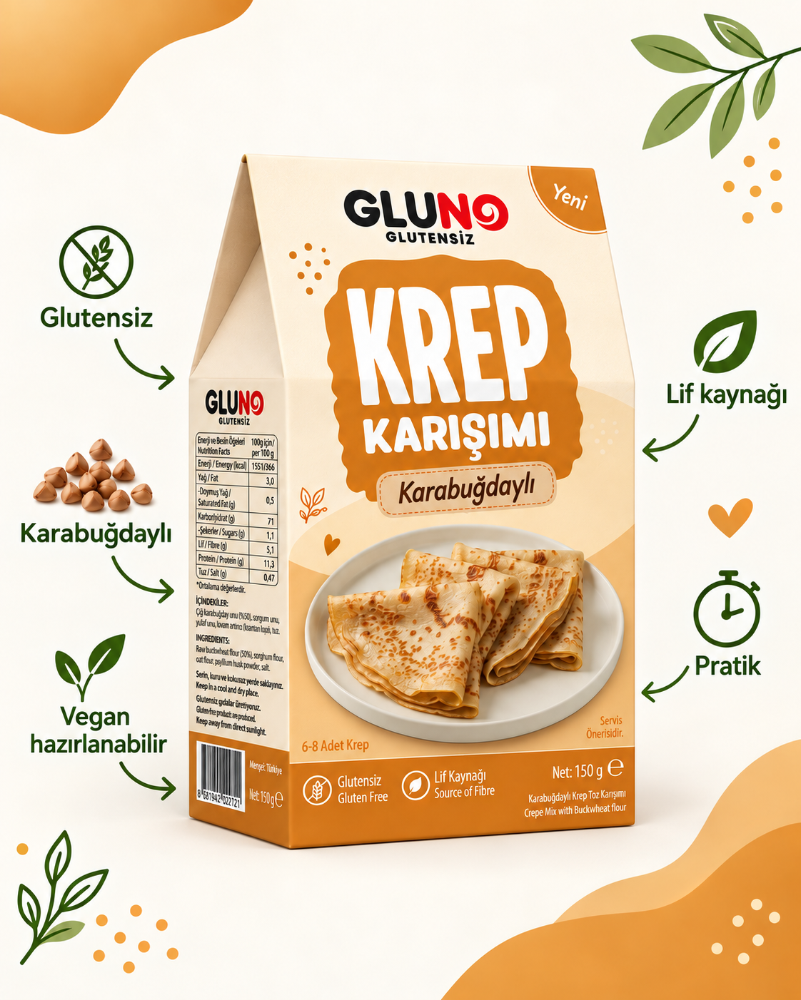 Gluno Glutensiz Karabuğdaylı Krep Karışımı 150g