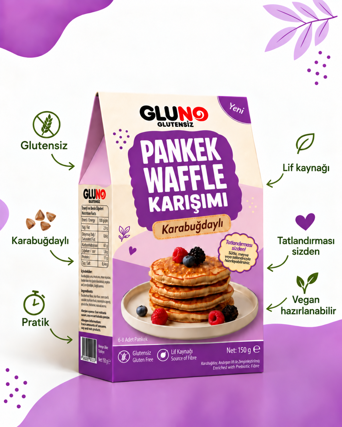 Gluno Glutensiz Karabuğdaylı Pankek-Waffle Karışımı 150g