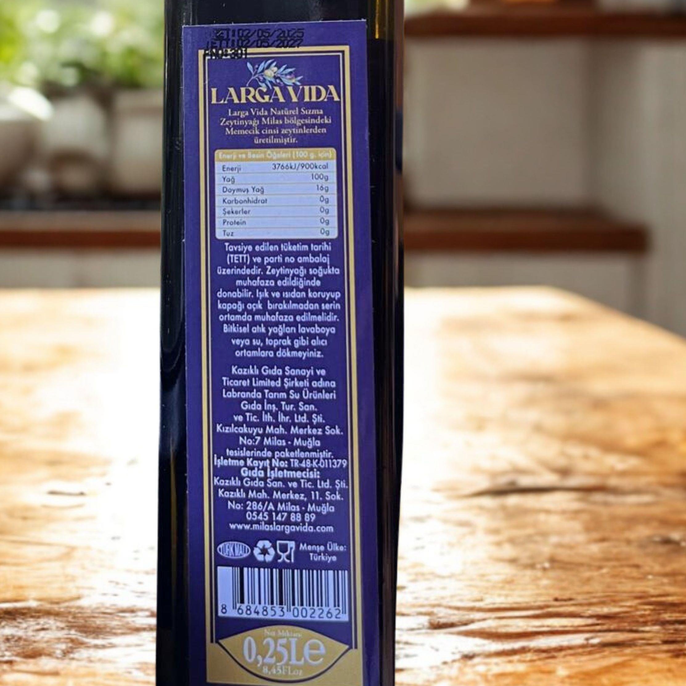 250 ML LARGA VİDA SOĞUK SIKIM ERKEN HASAT SIZMA ZEYTİNYAĞI 