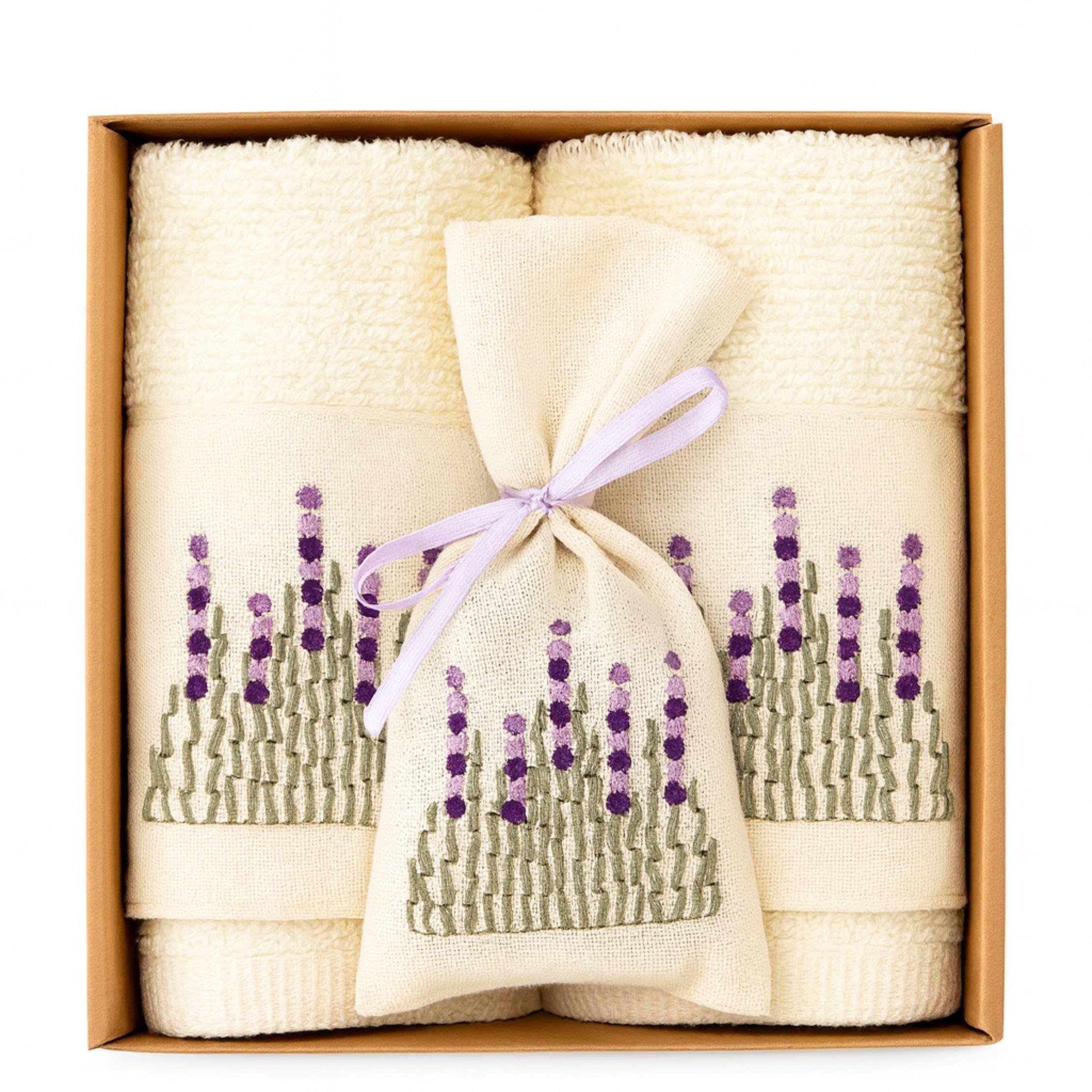 Çubuk Lavanta Nakışlı Kare Havlu Seti