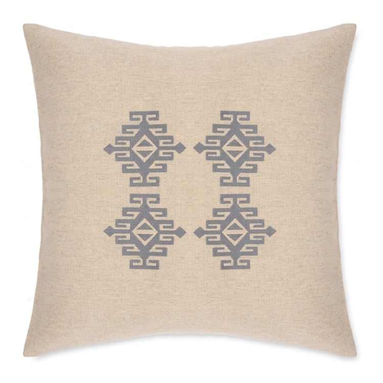 Gri İşlemeli Keten Kare Yastık Kılıfı