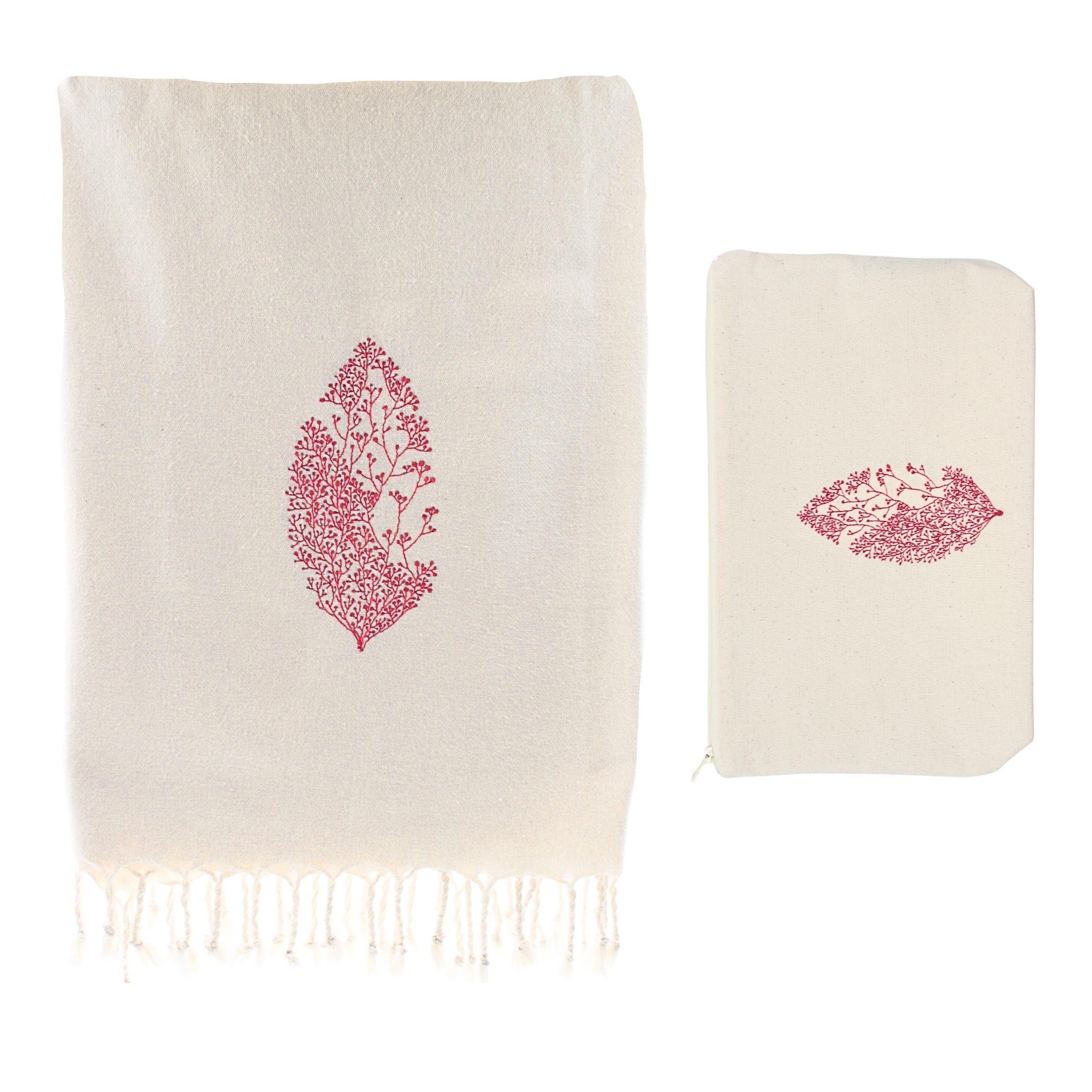 Kırmızı Yaprak Nakışlı Peştemal Seti