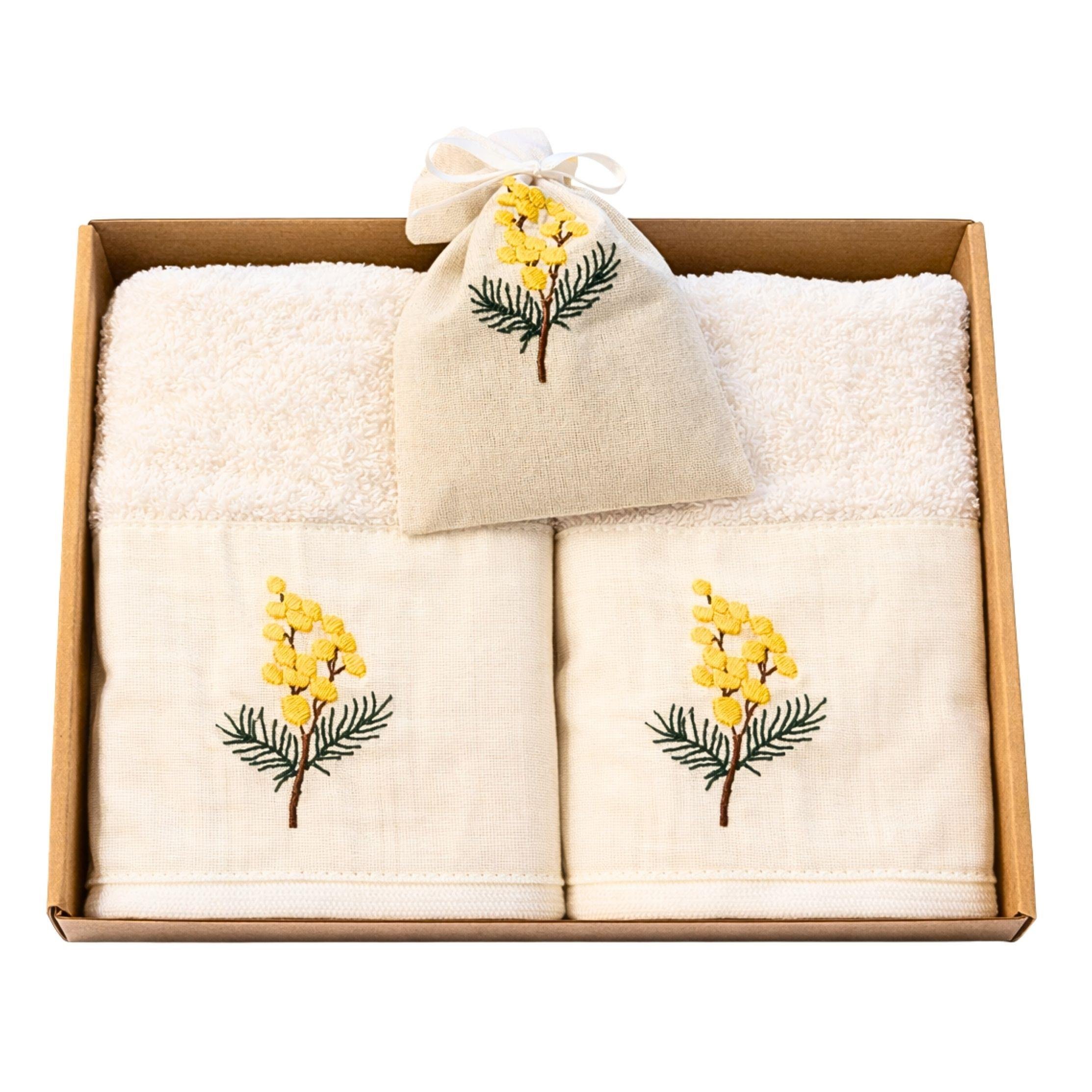 MİMOZA  DESENLİ  2 Lİ HAVLU + LAVANTA KESESİ SETİ