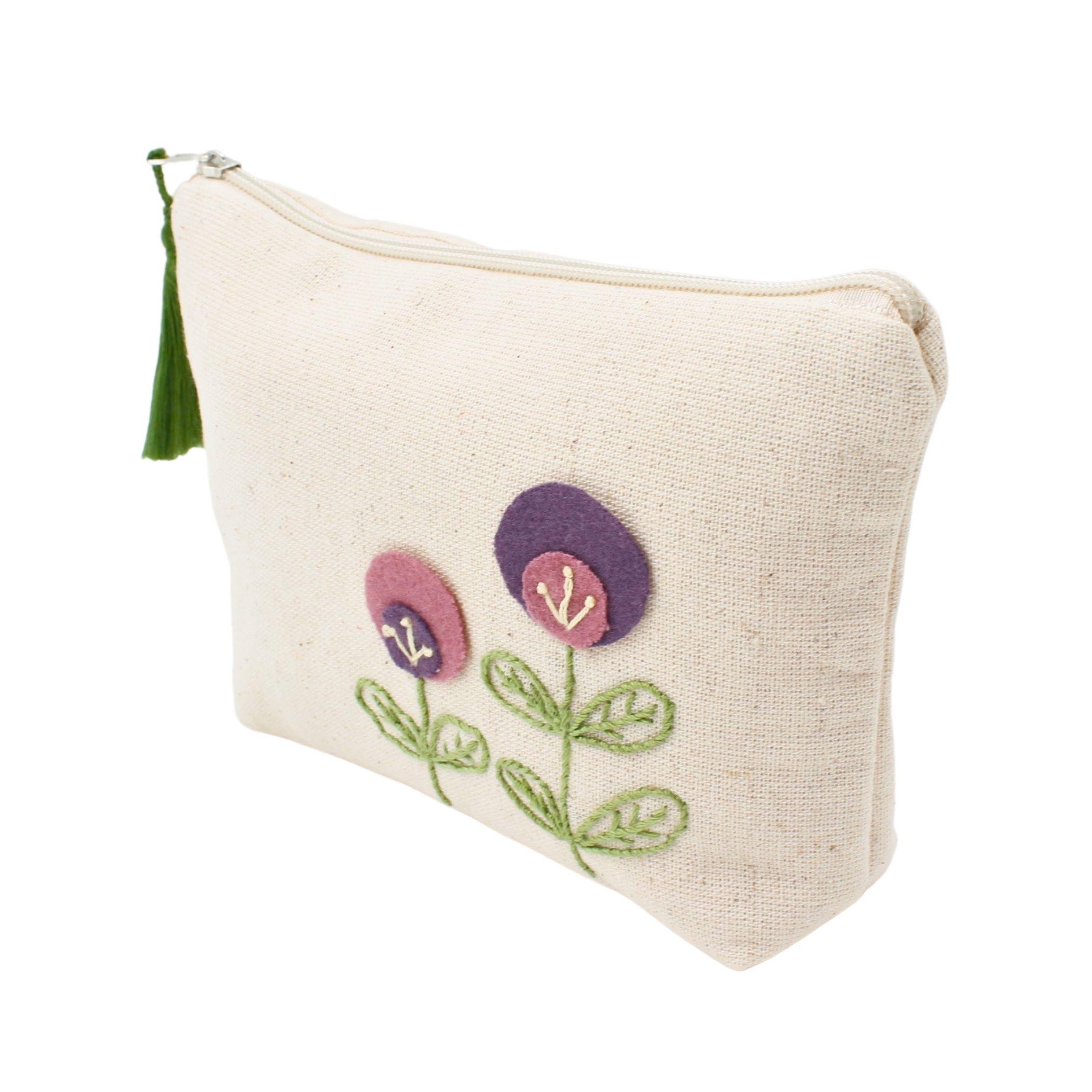 Mor Çiçek İşlemeli Makyaj Çantası