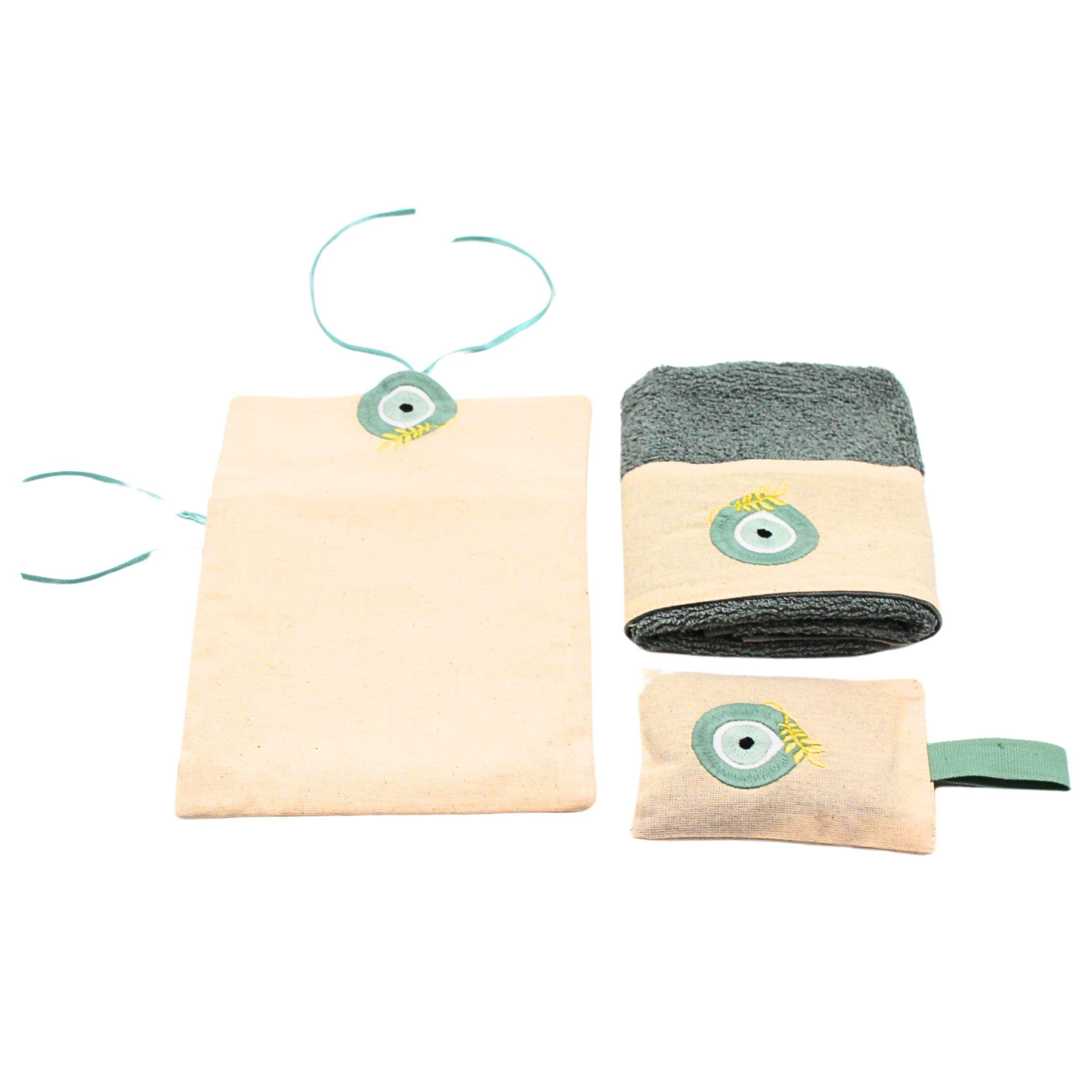 Nazar Boncuğu Nakışlı Keseli  Havlu Set 