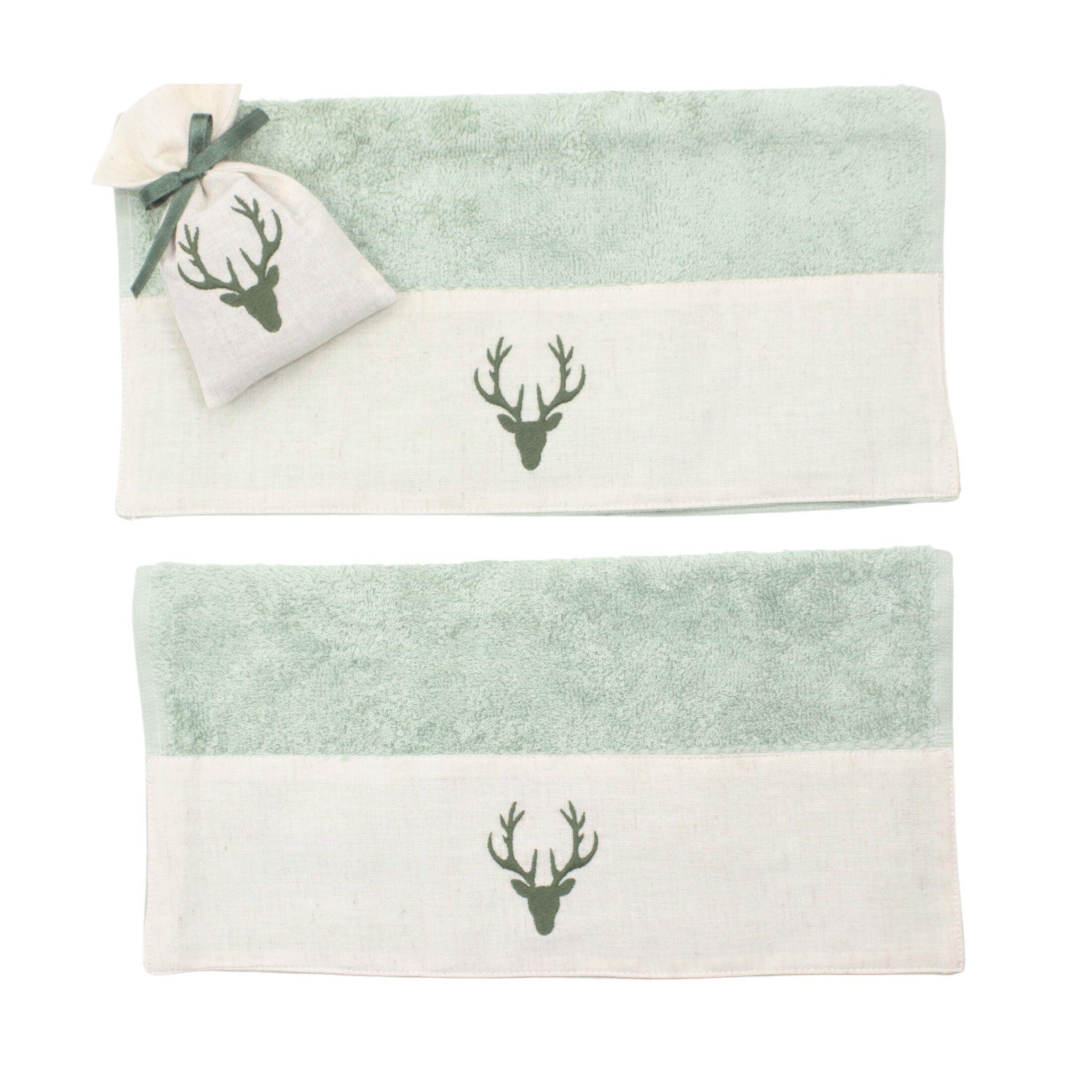 Yeşil Geyik Nakışlı İkili Havlu Seti