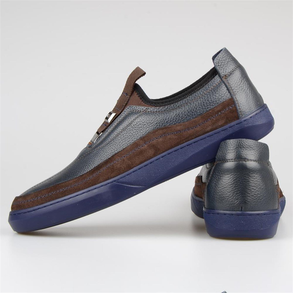 Genuine Leather Brown and Blue Men Sneakers