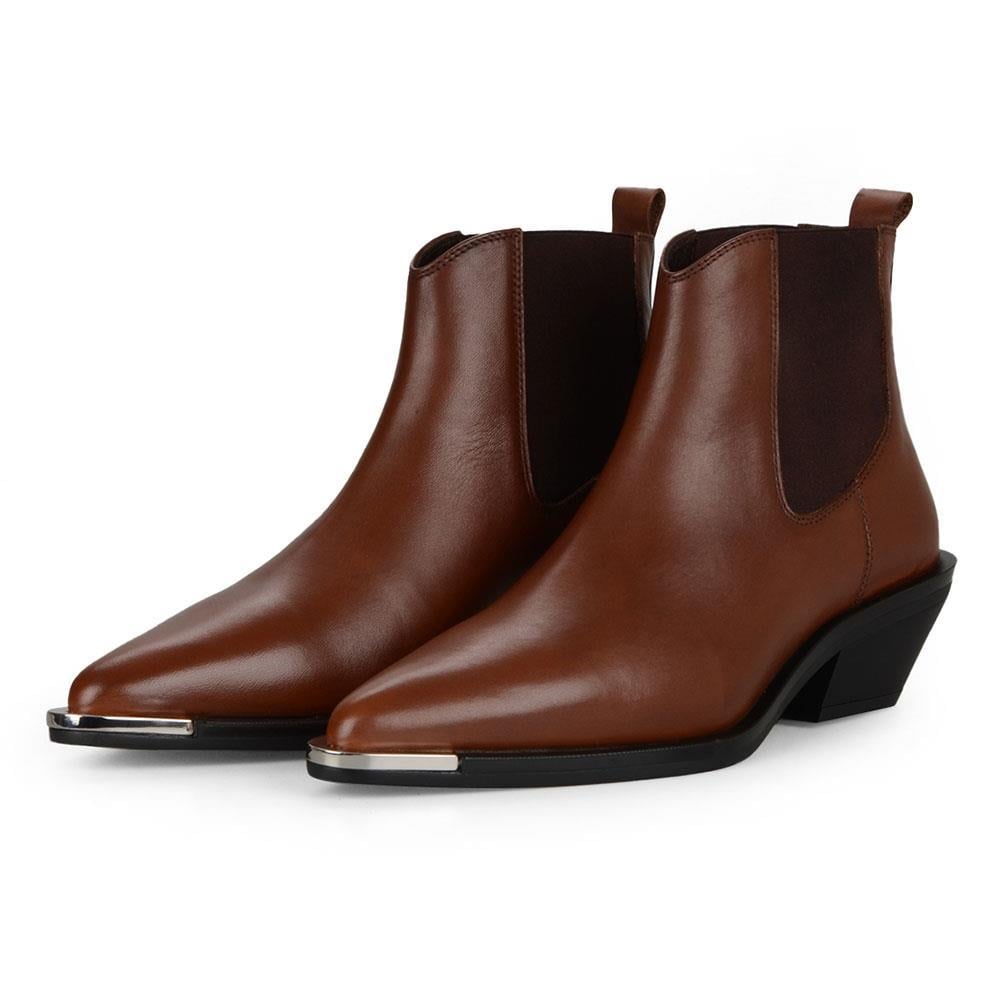 Women Chelsea Western Boots in Brown Leather with Metal Decoration Kyoto