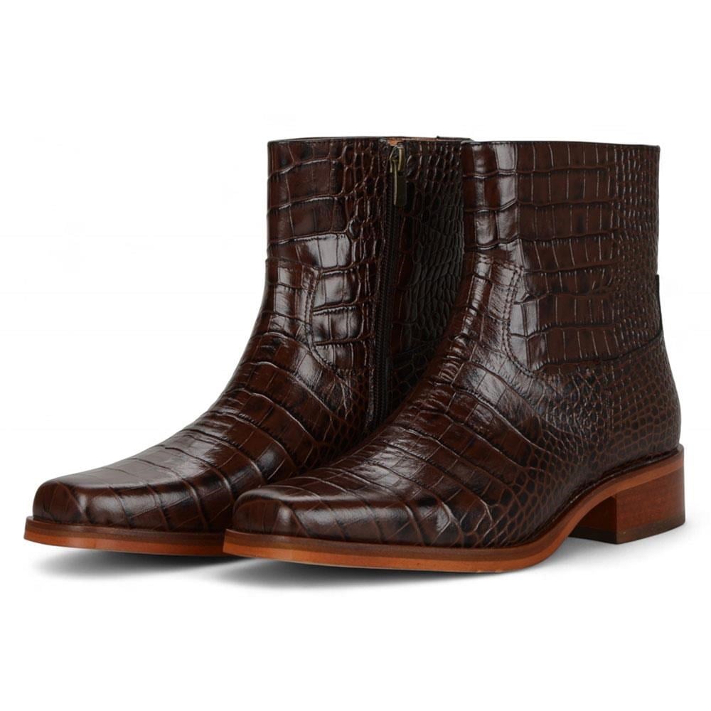 Brown Crocodile Embossed Genuine Leather Zipper Boots Chester