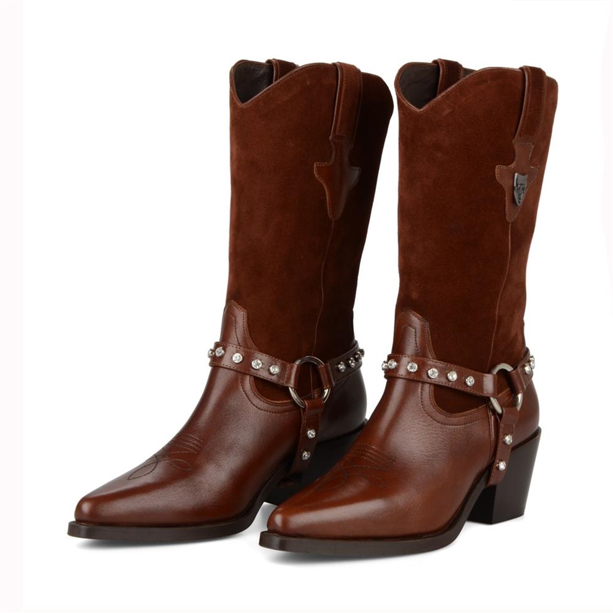 Kahverengi Süet Detaylı Deri Kovboy Çizme