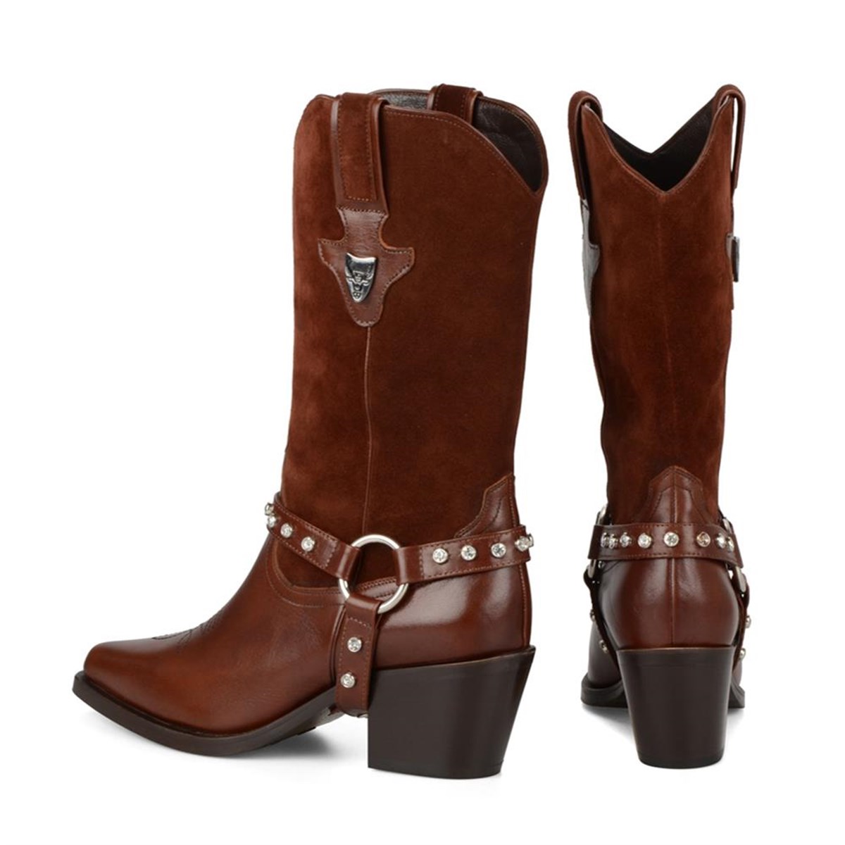 Kahverengi Süet Detaylı Deri Kovboy Çizme