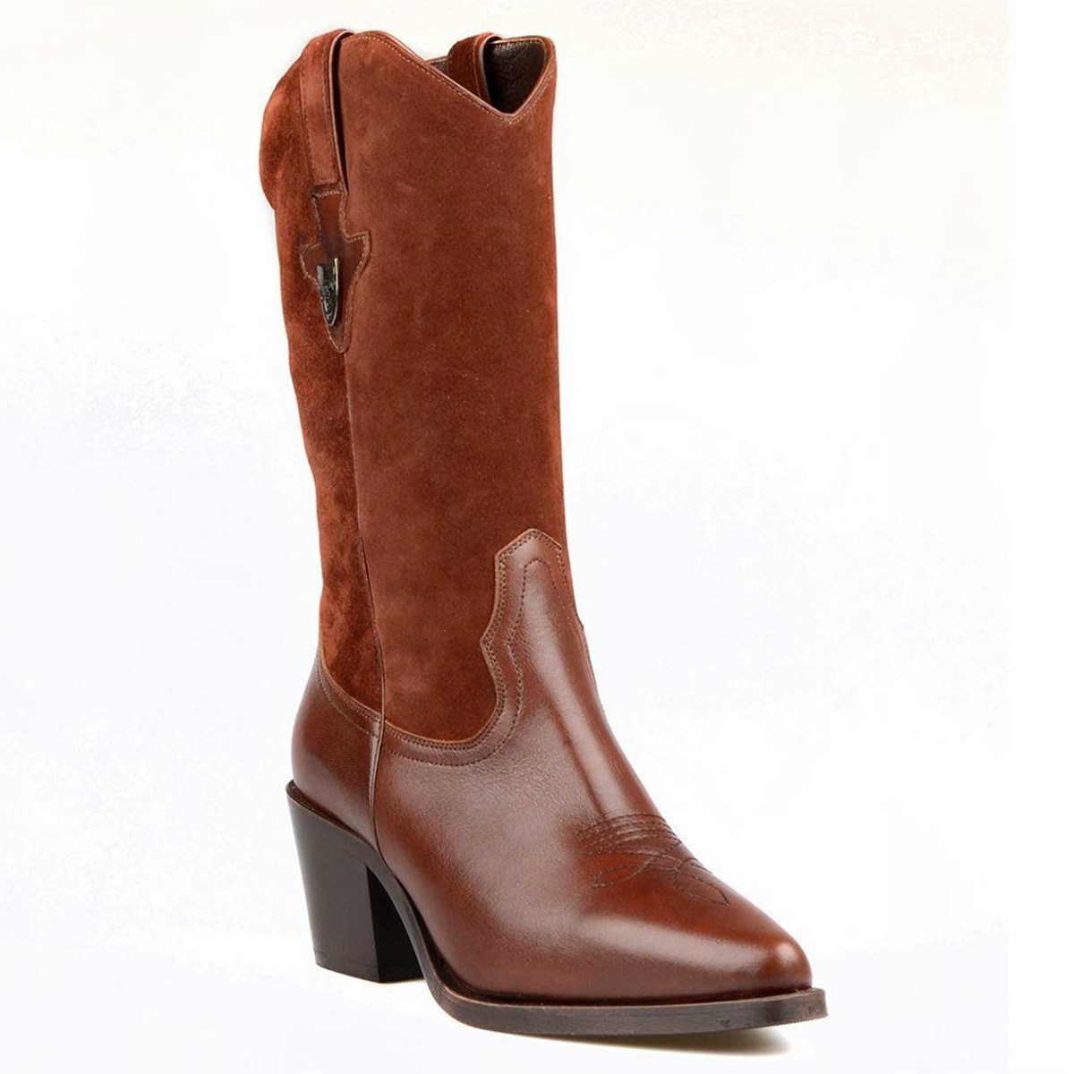 Brown Genuine Leather Mid Calf Western Boots