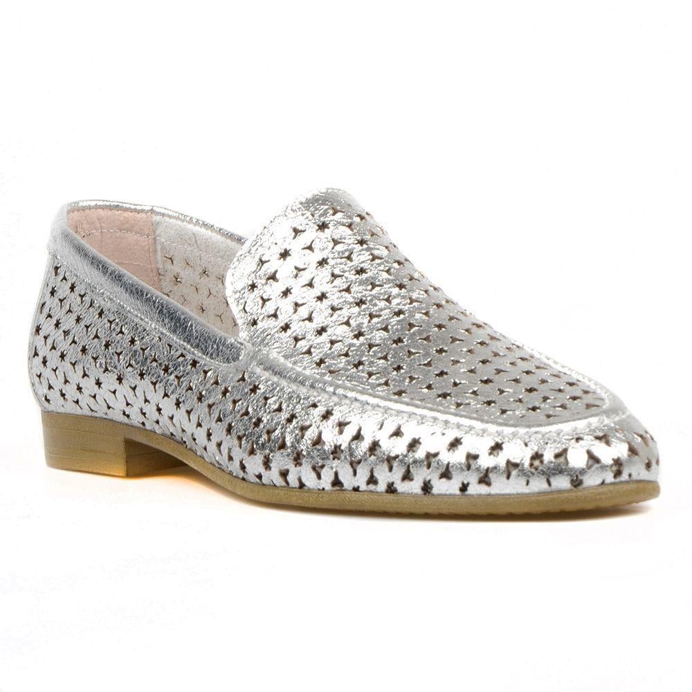 FootCourt Women's Slip On Loafers Silver Metallic Silver