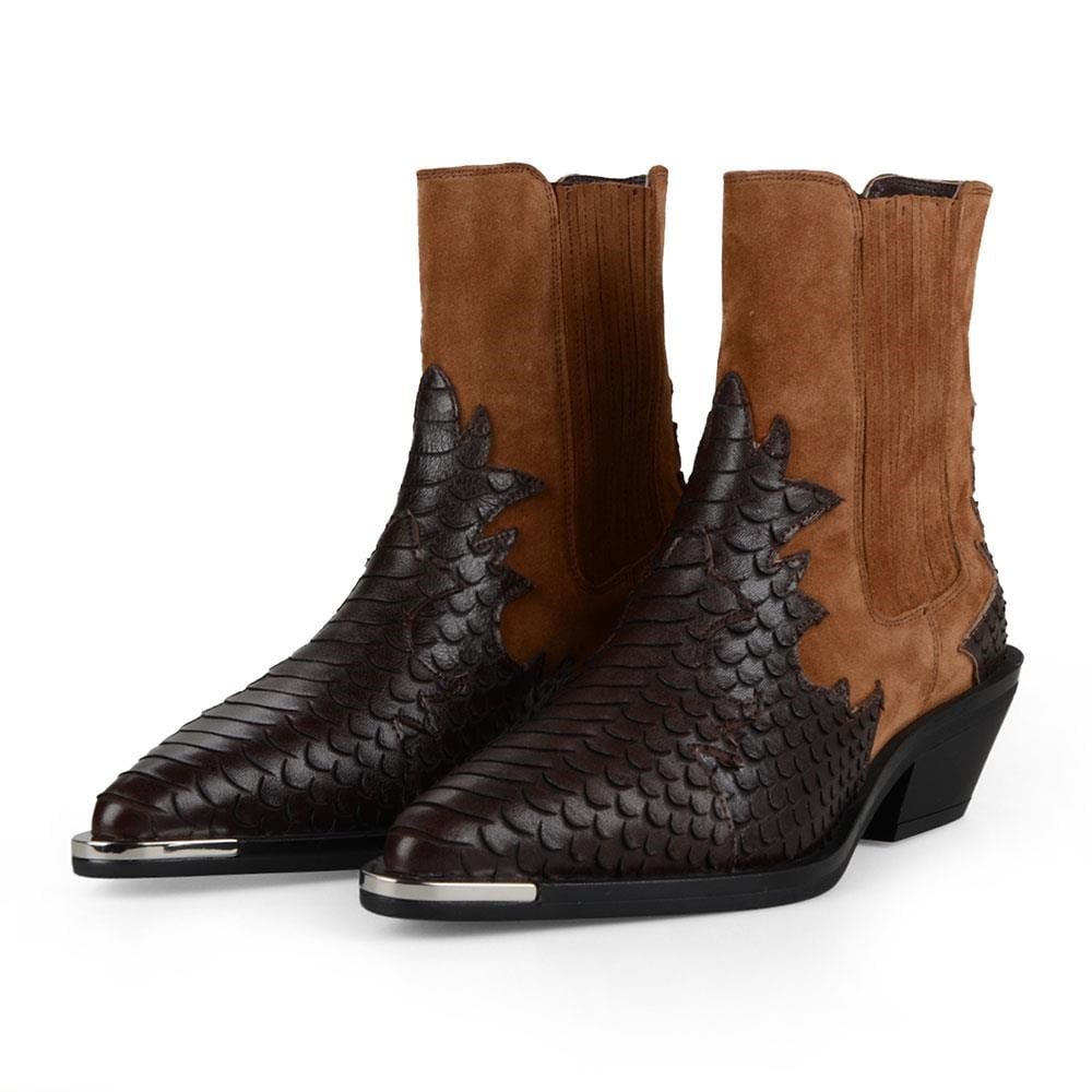 Brown Texas Cowboy Ankle Boots Snake Printed and Metal Decoration Kobe