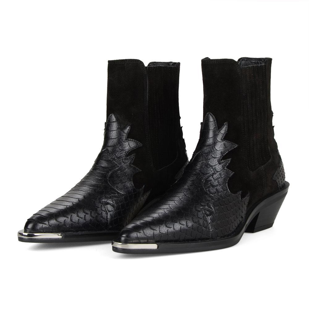 Black Texas Cowboy Ankle Boots Snake Printed  and Metal Decoration Kobe