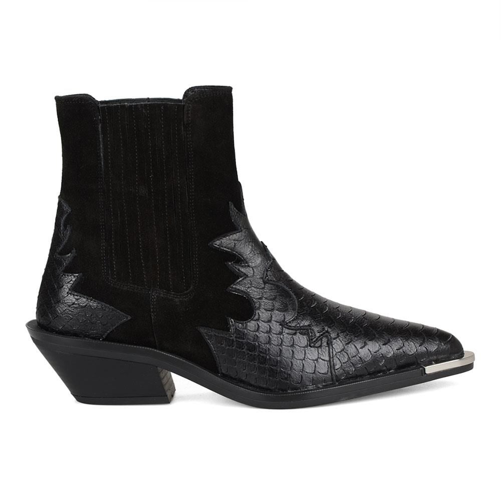 Black Texas Cowboy Ankle Boots Snake Printed  and Metal Decoration Kobe