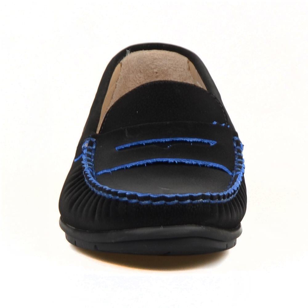 FootCourt Women's Slip On Leather Loafers Black-Blue