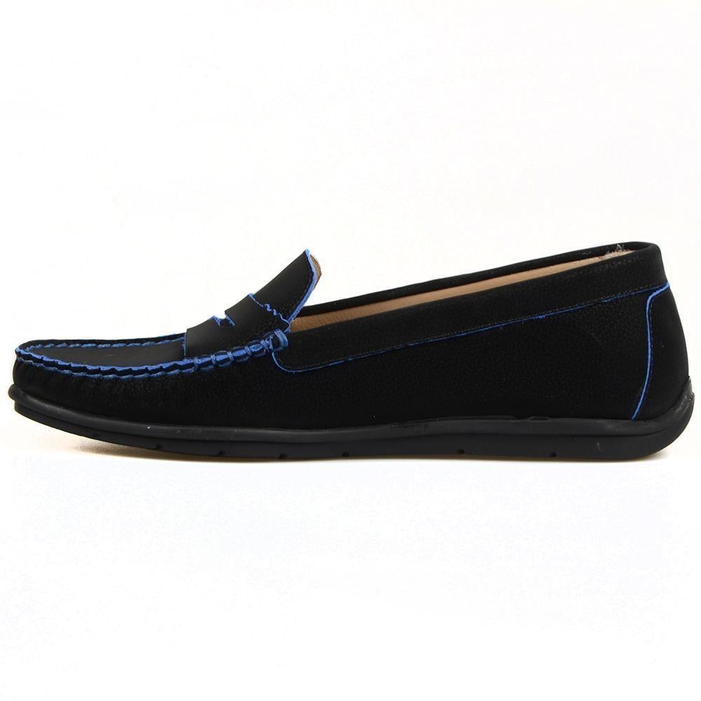 FootCourt Women's Slip On Leather Loafers Black-Blue