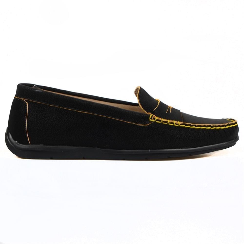 FootCourt Women's Slip On Leather Loafers Black-Yellow