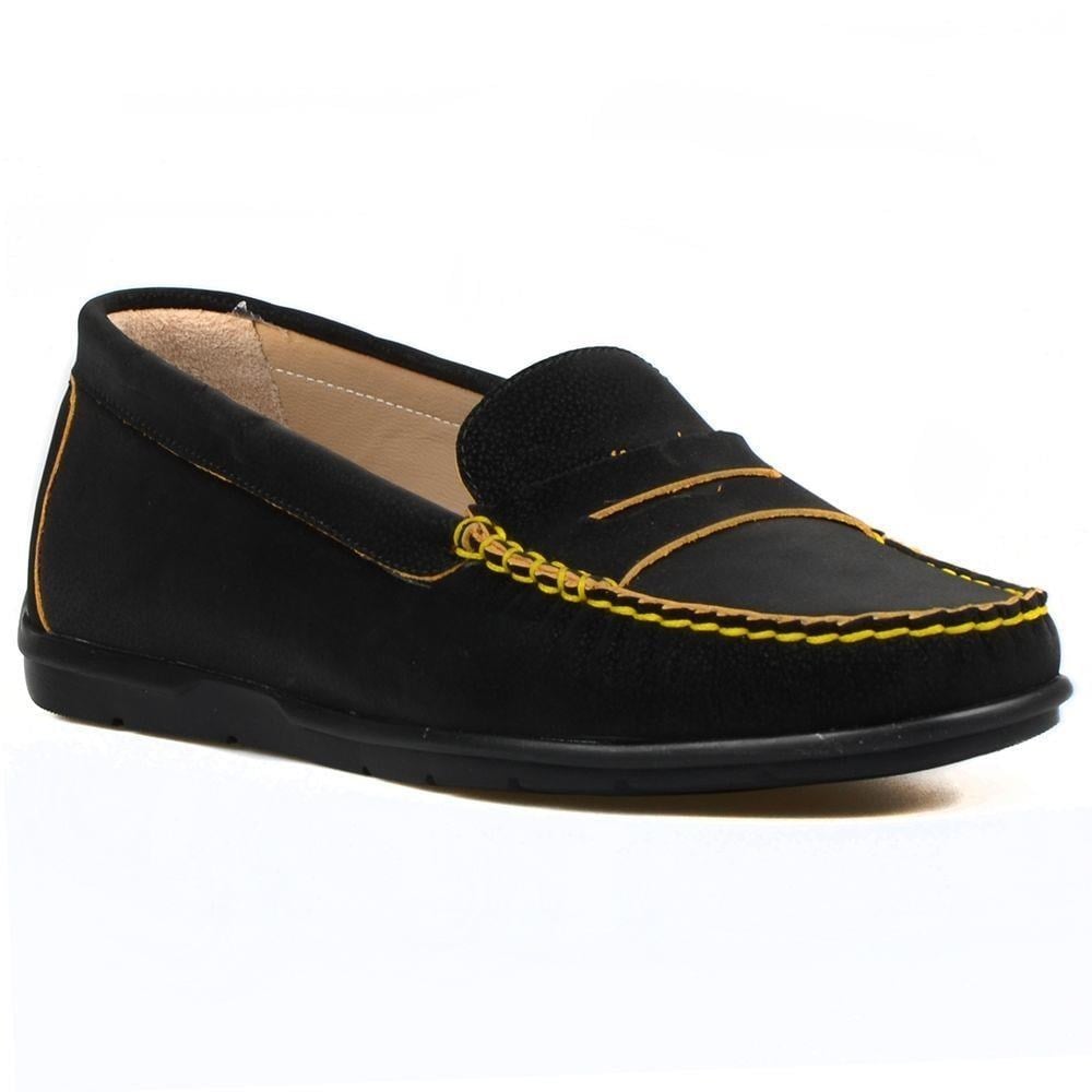 FootCourt Women's Slip On Leather Loafers Black-Yellow