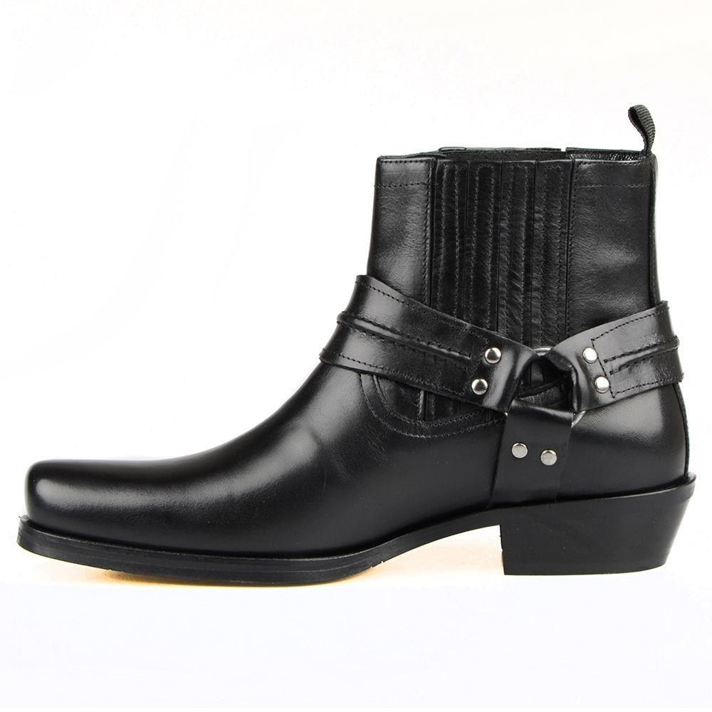 Siyah Deri Küt Burun Erkek Motorcu Botu