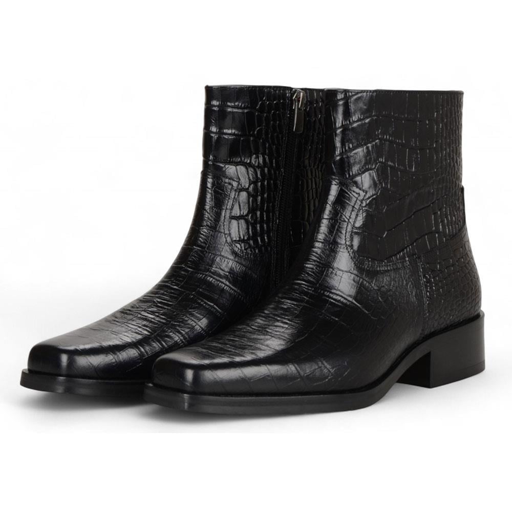 Black Crocodile Embossed Genuine Leather Zipper Boots Chester