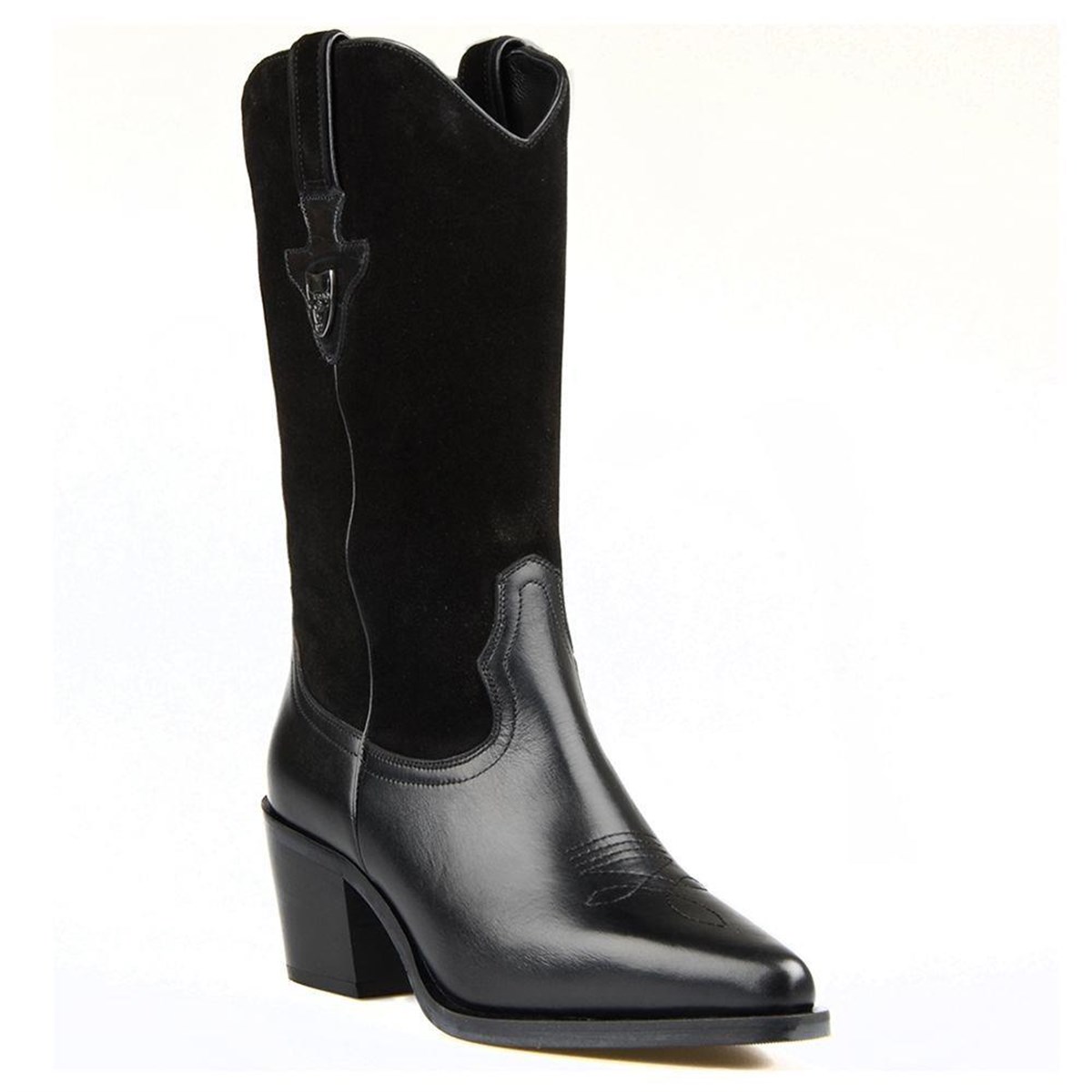 Black Genuine Leather Mid Calf Western Boots