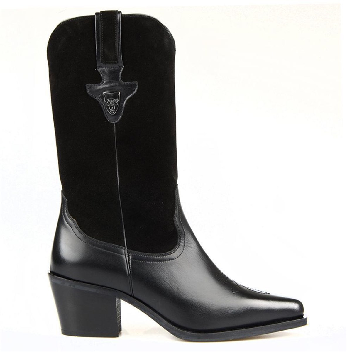 Black Genuine Leather Mid Calf Western Boots