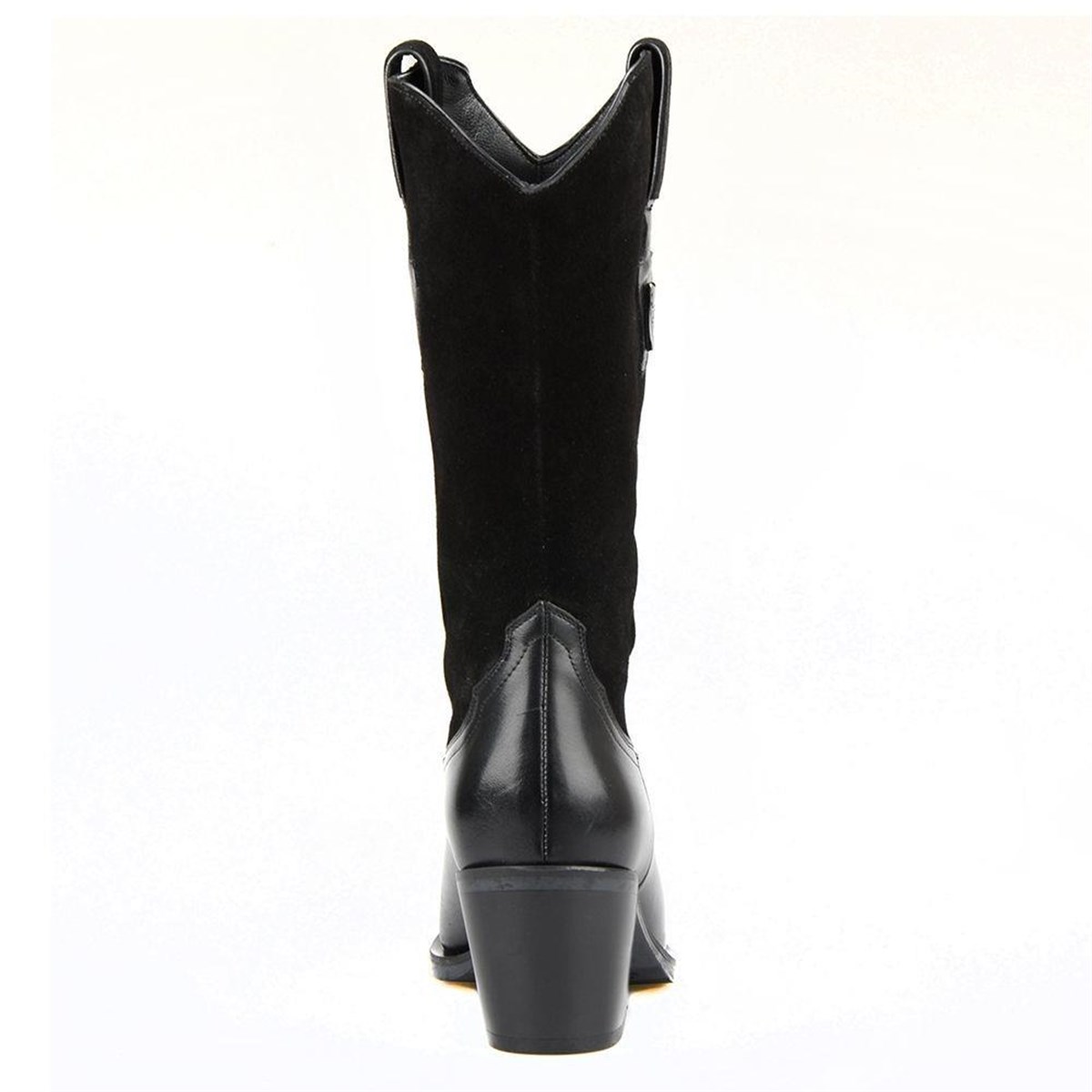 Black Genuine Leather Mid Calf Western Boots