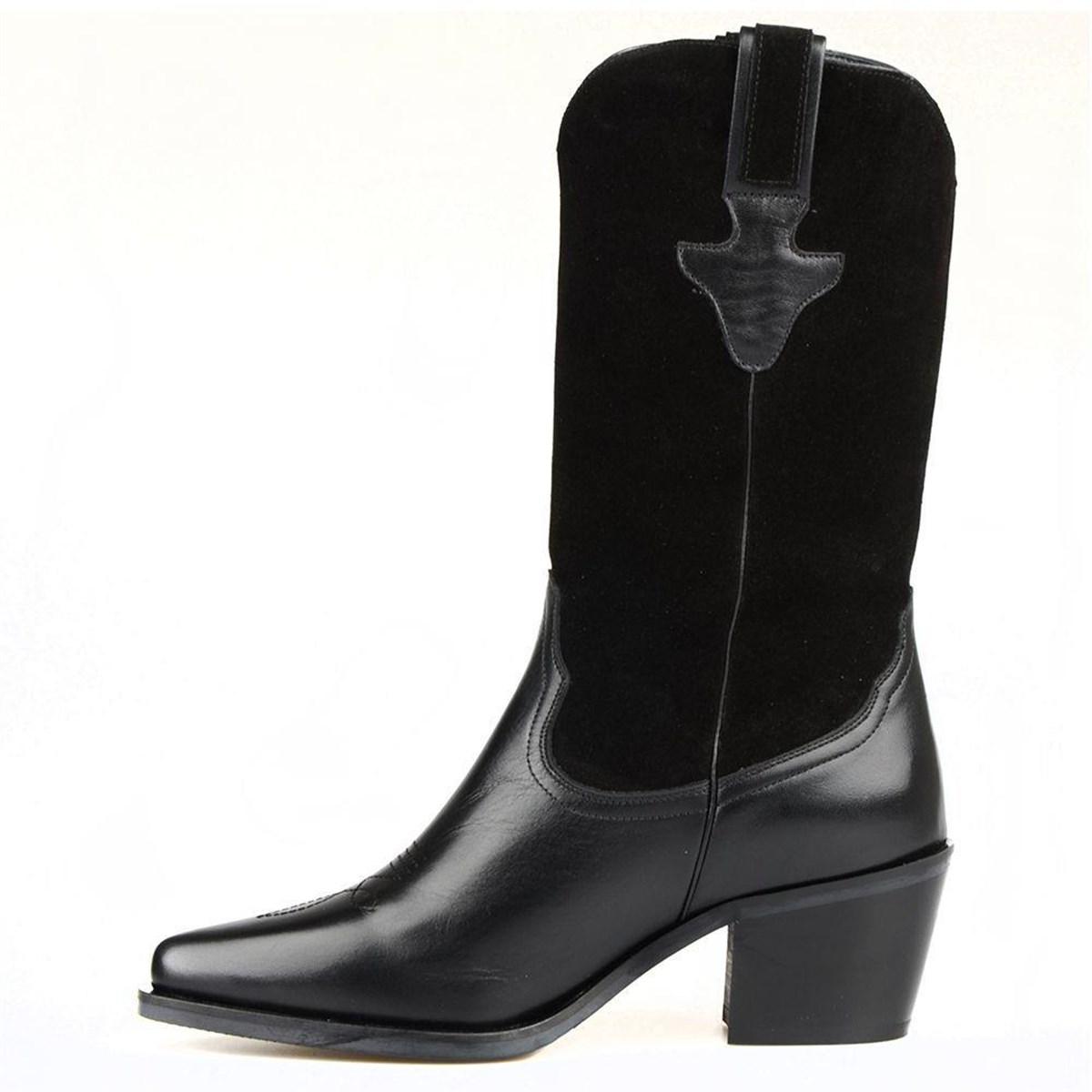 Black Genuine Leather Mid Calf Western Boots