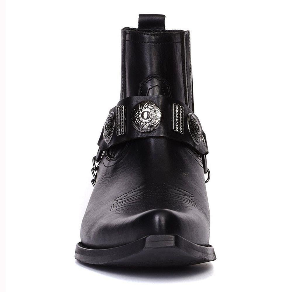 Black Leather Men's Big Size Western Ankle Boots