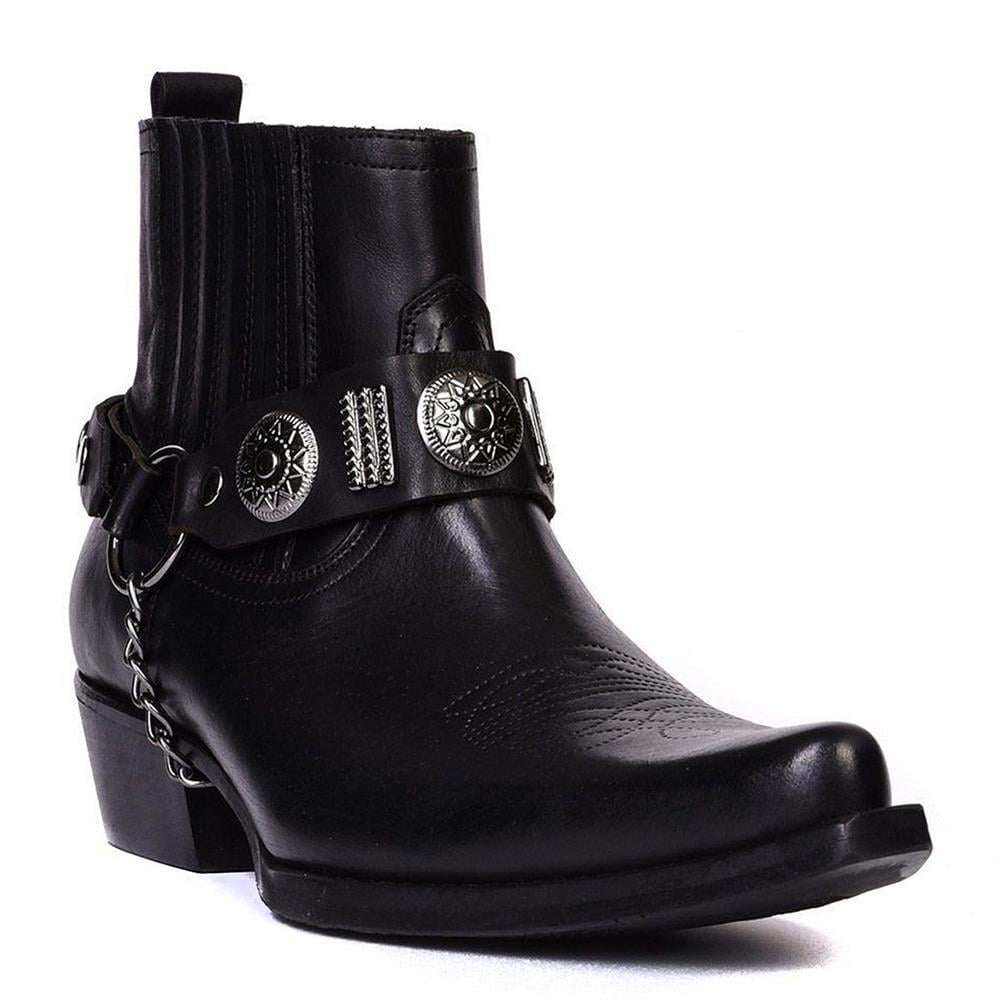 Black Leather Men's Big Size Western Ankle Boots