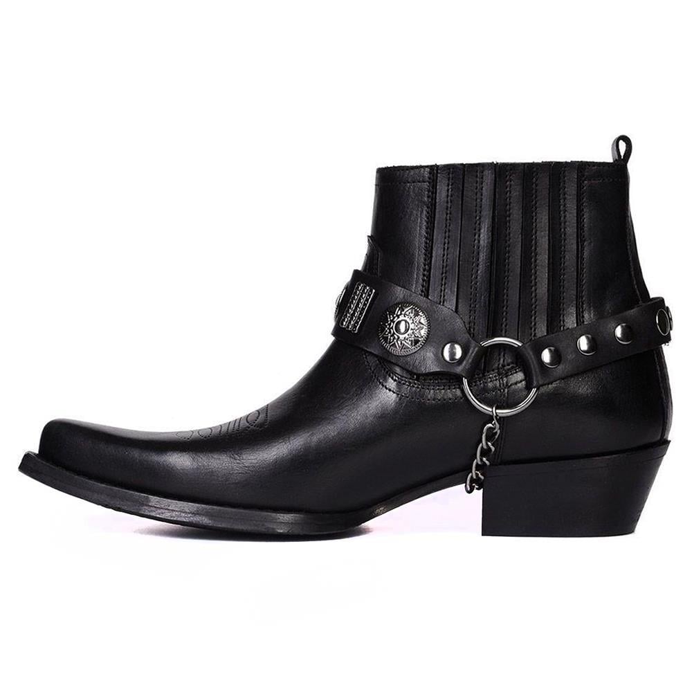 Black Leather Men's Big Size Western Ankle Boots